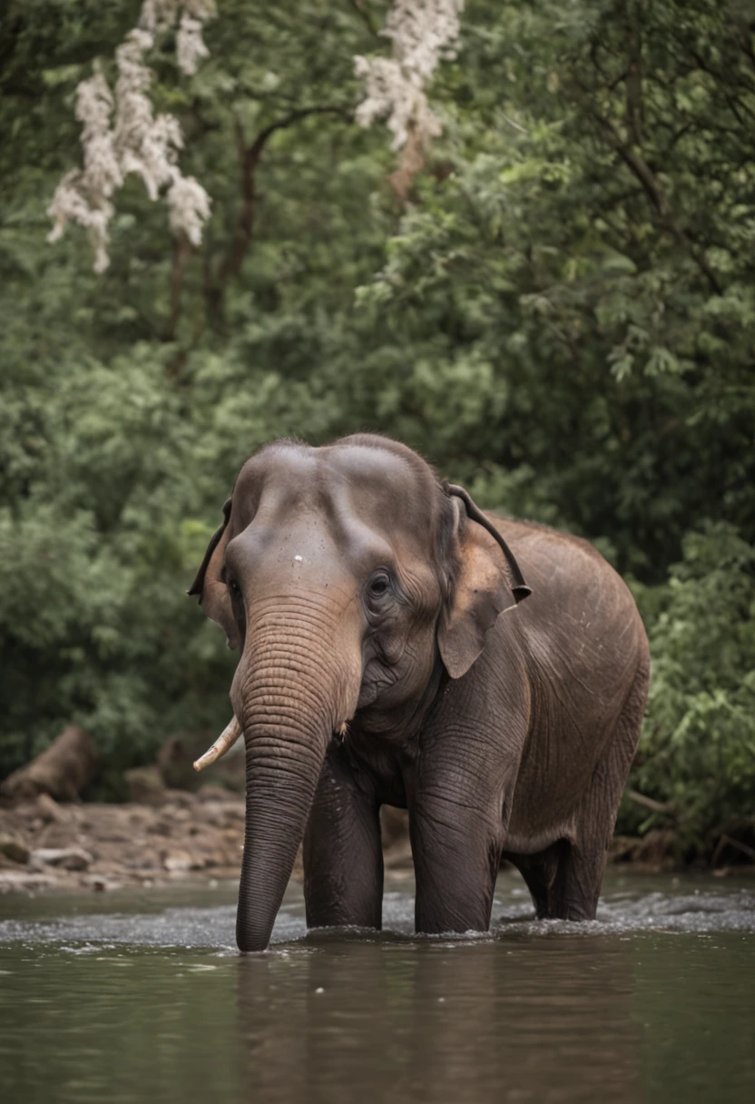 A majestic Asian elephant, bathing in a river, photographed with a Fujifilm GFX 100S, 100-400mm f/4.5-5.6 R LM OIS WR lens, at an aperture of f/5.6, a shutter speed of 1/200 s, and an ISO of 1600.