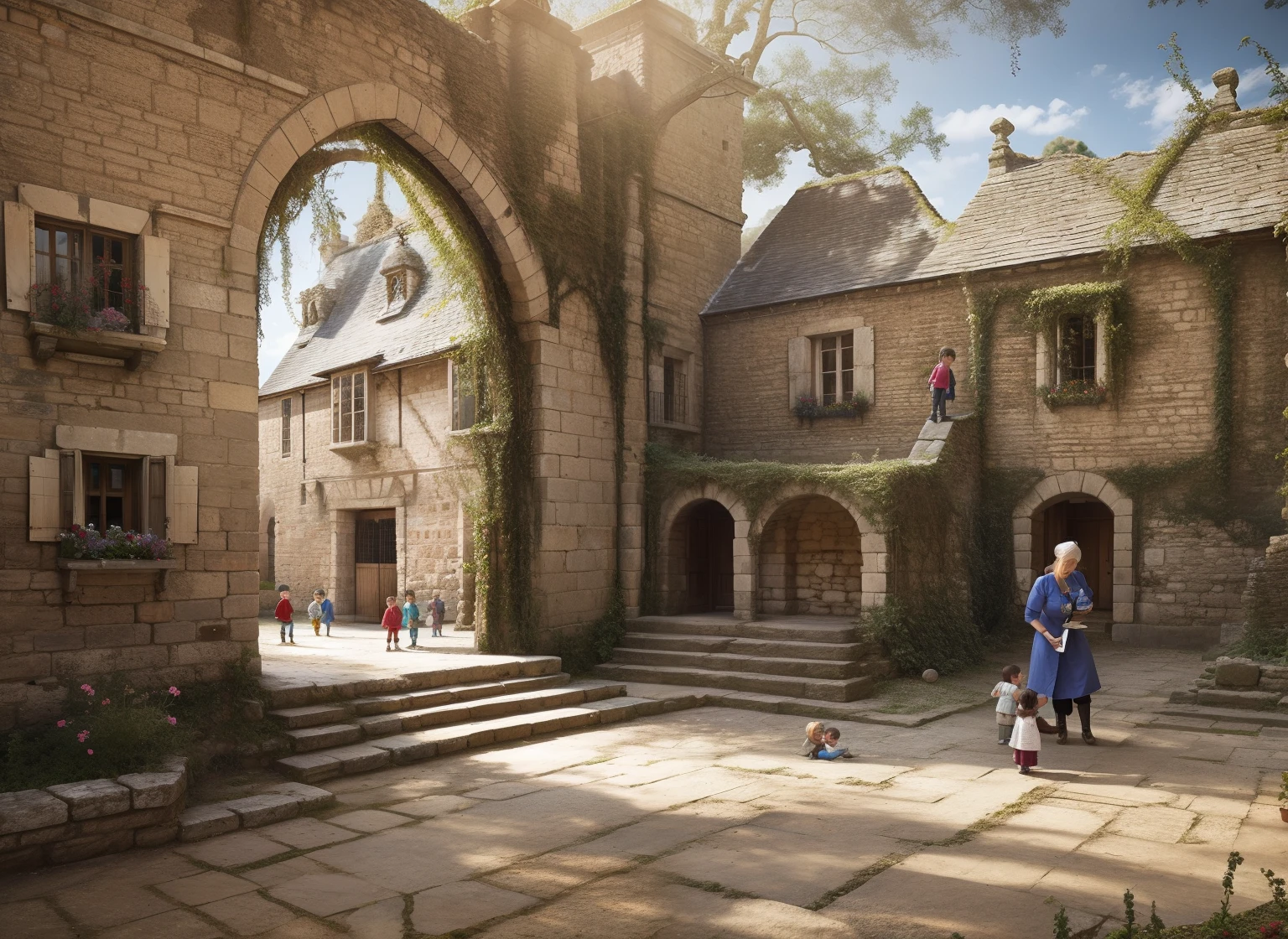 Antique playground, A nurse looks after the children, Ancient stone buildings, The Middle Ages, Children work