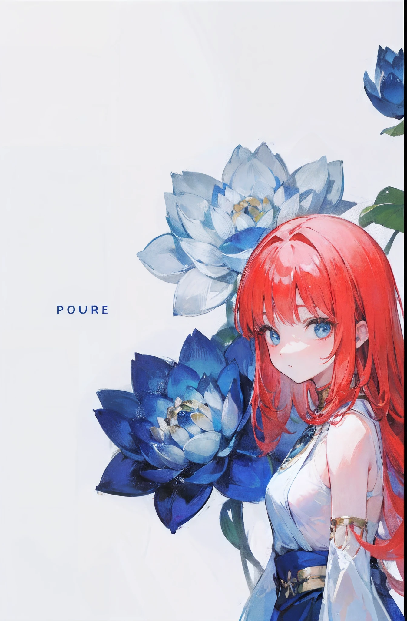 blue lotus flower pattern white background, girl facing sideway, red long hair