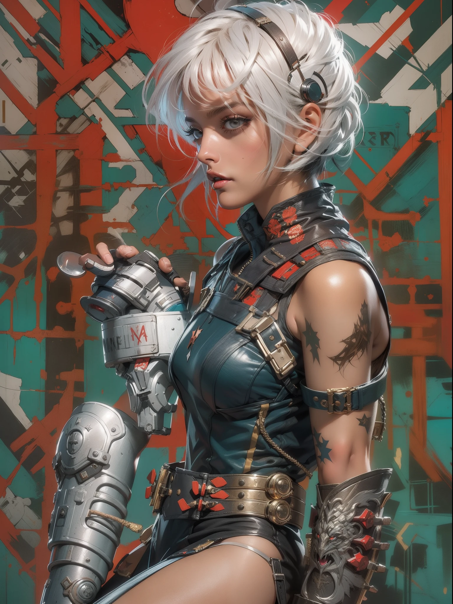 (((mulher))), (((melhor qualidade))), (((obra prima))), (((adulto))), (((1girl))), ((( corte de cabelo bob ))), Uma gladiadora cyberpunk mulher de 25 anos com corpo perfeito, shoulder pads with metal spines, Gladiadores do Brooklyn, (( corte de cabelo bob )), tiny leather panties, camiseta de time de rugby rasgada, quase nua no estilo selvagem urbano de Simon Bisley para a capa da revista Heavy Metal, Cabelo loiro curto, Minimum clothing, Metal protection on the left arm with intricate graphics, Dark red with white stars and white and navy blue checkerboard pattern, armadura, cheio de pontas e rebites, (((do joelho pra cima))), cabelos loiro branco curto, no fundo uma parede pintada por Shepard Fairey com um design intrincado