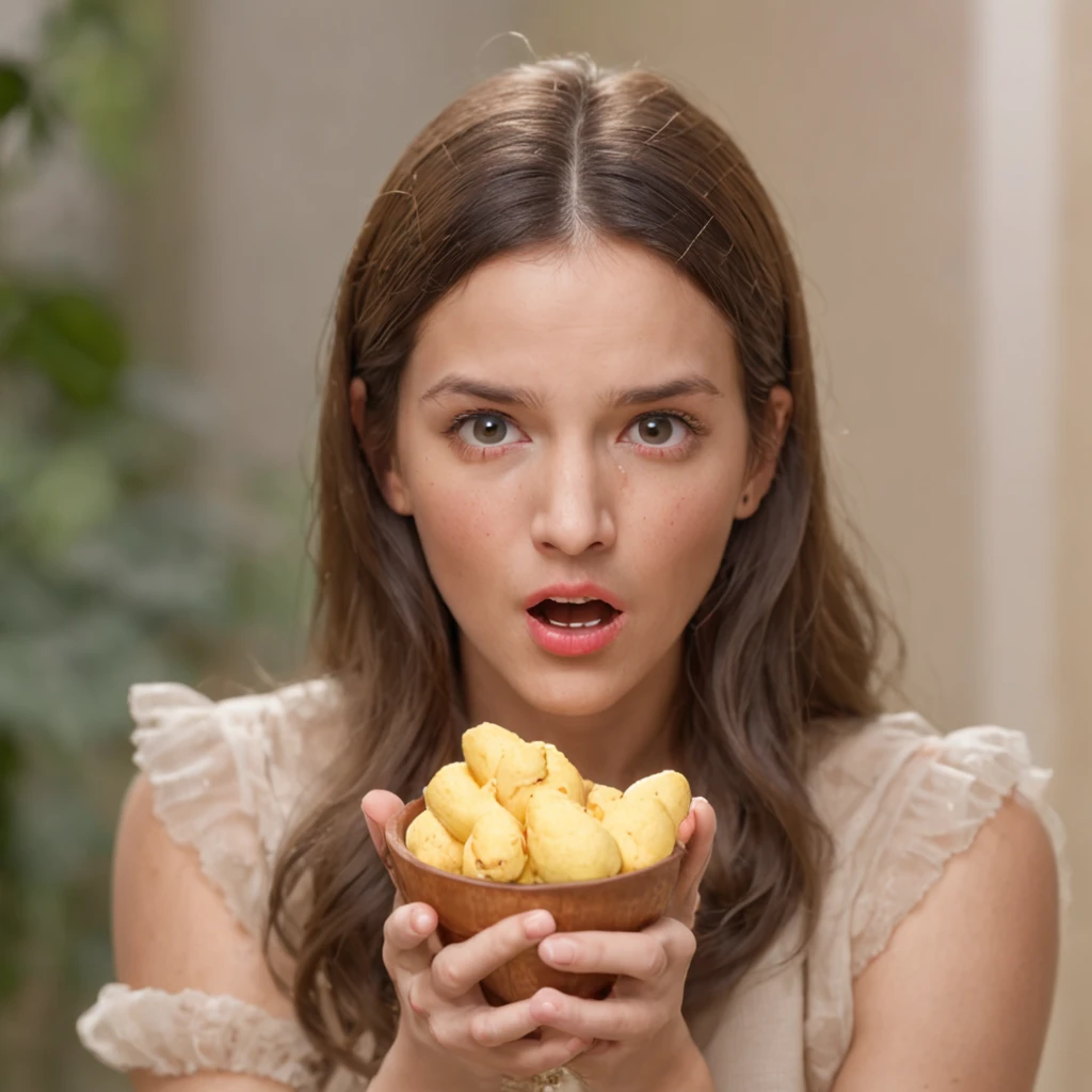 Por favor, crie uma imagem que retrate uma cena dentro de um quarto bem iluminado, where a young woman of 20 years is gently holding a small yellow chick in her hand. His expression is one of surprise and shock, Arafed woman with open mouth and hands on face, shocked expression on her face, shocked expression, surprised expression, surprised expression on her face, expressive surprised expression, muito surpreso, olhar chocado, surpreso, wide eyes shocked expression, parecendo surpreso, with his mouth open and his hands on his face in a gesture of astonishment. His eyes are wide and his face reflects an expression of genuine shock. The image should be of ultra-high quality (8k) para capturar todos os detalhes e ser uma verdadeira obra-prima (1.2 of artistic quality). The representation should be realistic and photo-realistic (1.37) para dar vida aos elementos, enfatizando o tamanho pequeno e a cor amarela vibrante do pintinho. I want the image to be ultra-detailed to highlight each feature.