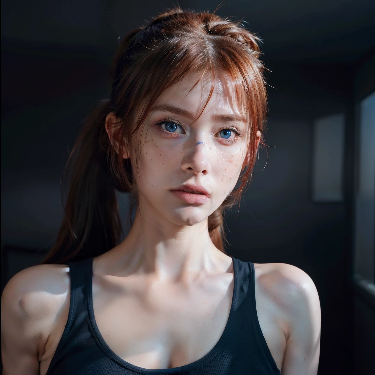 (8k, RAW photo, highest quality),(epic realistic:1.5), a girl, dynamic posture,erotic face, tank top,(detailed eyes:0.8),(looking at the camera:1.4), (highest quality), blue eyes, (best shadow),intricate details,cinematic,((skin:1.4)),interior, (long ponytail ginger hair:1.3),dark studio,(hdr:1.5),detailed, muted colors, freckles