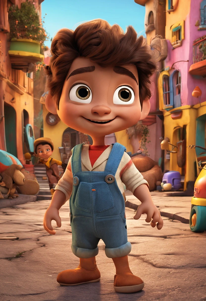 : Miguel, aproximadamente 5 anos de idade, cabelo curto estilo Disney, olhos castanhos e sorrisos. garota: Giovana, 2 anos, longos cabelos pretos e olhos azuis. scenecy: Miguel and Giovana are in a cozy little house in the valley, ao fundo um dia ensolarado, Destacando o Sol.