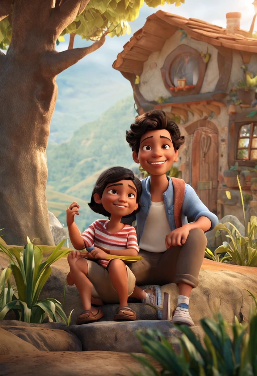 menino: Miguel, aproximadamente 5 anos de idade, cabelo curto estilo Disney, olhos castanhos e sorrisos. garota: Giovana, 2 anos, longos cabelos pretos e olhos azuis. scenecy: Miguel and Giovana are in a cozy little house in the valley, ao fundo um dia ensolarado, Destacando o Sol.