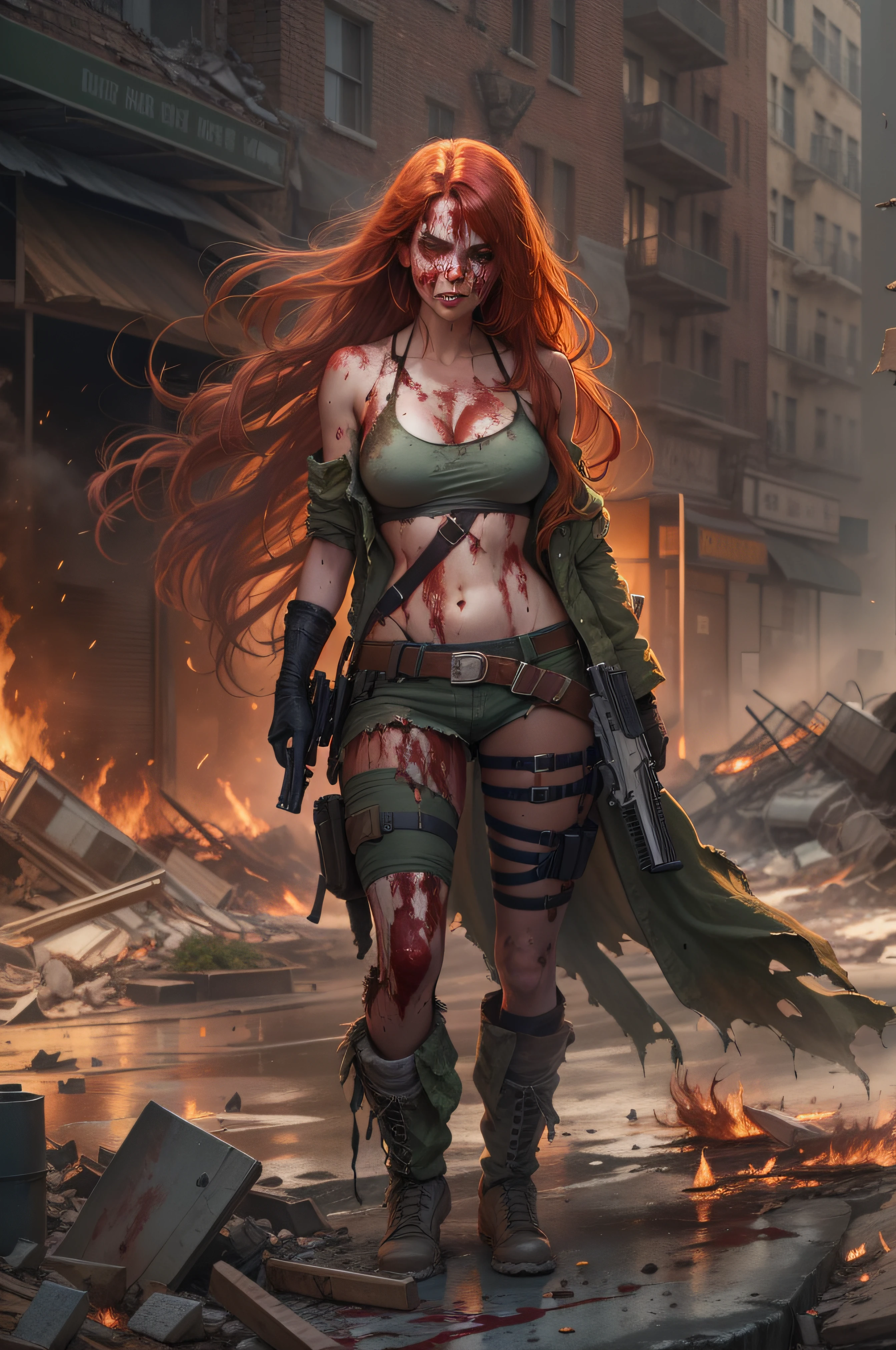A dark-tanned woman with very long red-haired stumbles through the streets of a ruined city with a naked upper body, a bleeding gunshot wound in her left shoulder, and her body dripping with sweat, which slides down glistening over her breasts. An automatic rifle in her right hand, full of mud, blood and wounds, and wearing a torn skirt. Explosions and fires ravaged the devastated city everywhere.