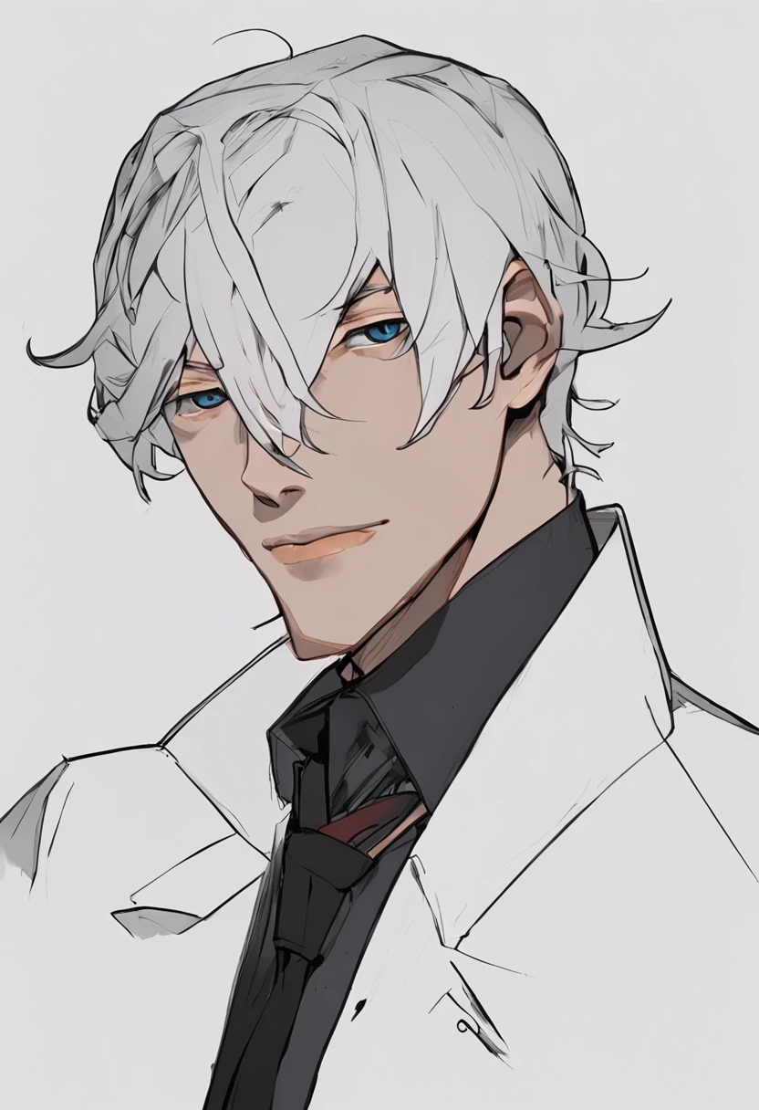 Side dorsal head, eBlue eyes, cool guy, White hair, Seductive smile, hyper HD, blacksuit, white skinned, Persona diagram, The upper part of the body, Pan, uncle, High detail