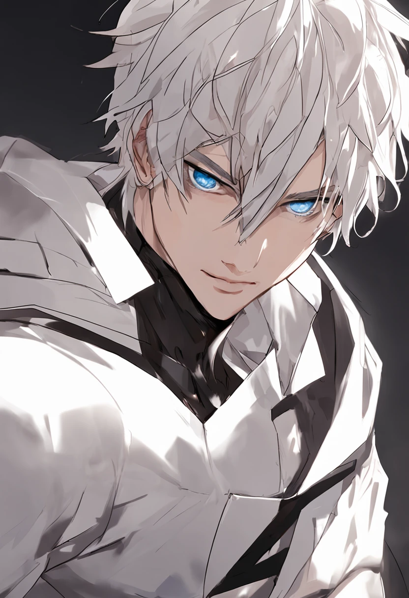 Side dorsal head, eBlue eyes, cool guy, White hair, Seductive smile, hyper HD, blacksuit, white skinned, Persona diagram, The upper part of the body, Pan, uncle, High detail