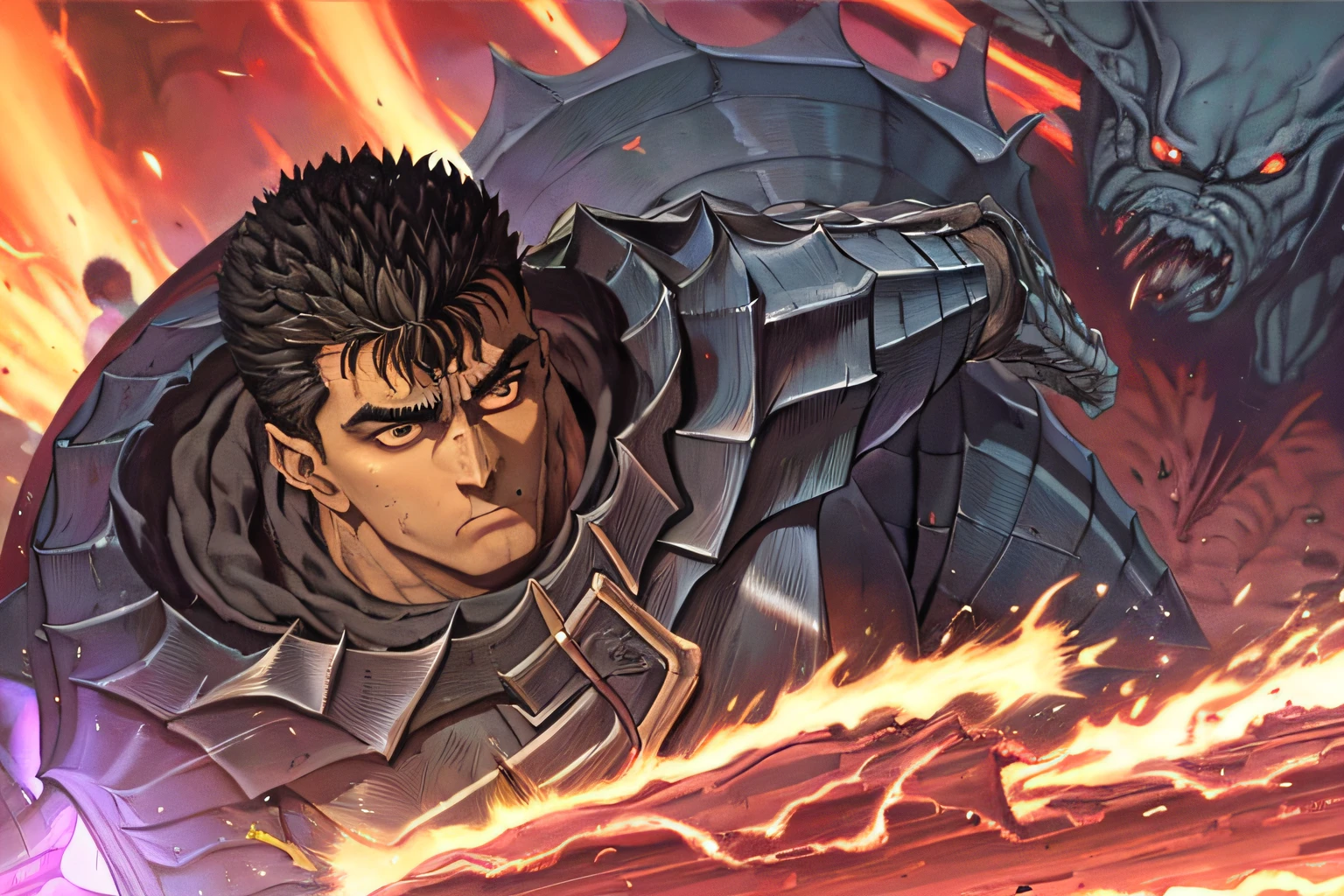 obra-prima, apenas um Guts de (berserk) na imagem, corpo musculoso, foco masculinidade, lua cheia, dark ilumination, segurando uma espada grande, apenas um olho, expression would be, rosto super detalhado, armadura negra (berserk), olhos de humano super detalhados, Backdrop The Hand of God (manga berserk)