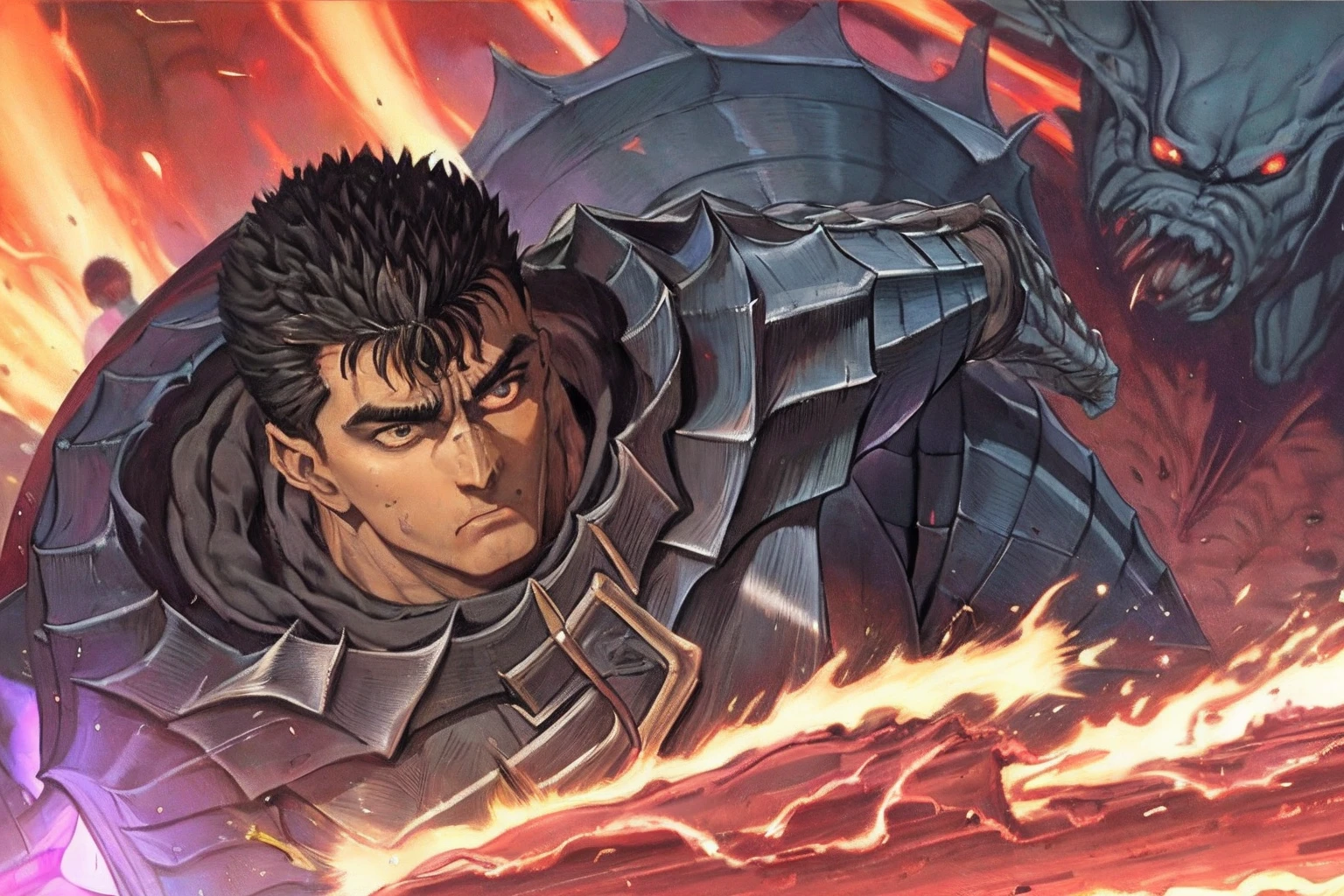 obra-prima, apenas um Guts de (berserk) na imagem, corpo musculoso, foco masculinidade, lua cheia, dark ilumination, segurando uma espada grande, apenas um olho, expression would be, rosto super detalhado, armadura negra (berserk), olhos de humano super detalhados, Backdrop The Hand of God (manga berserk)