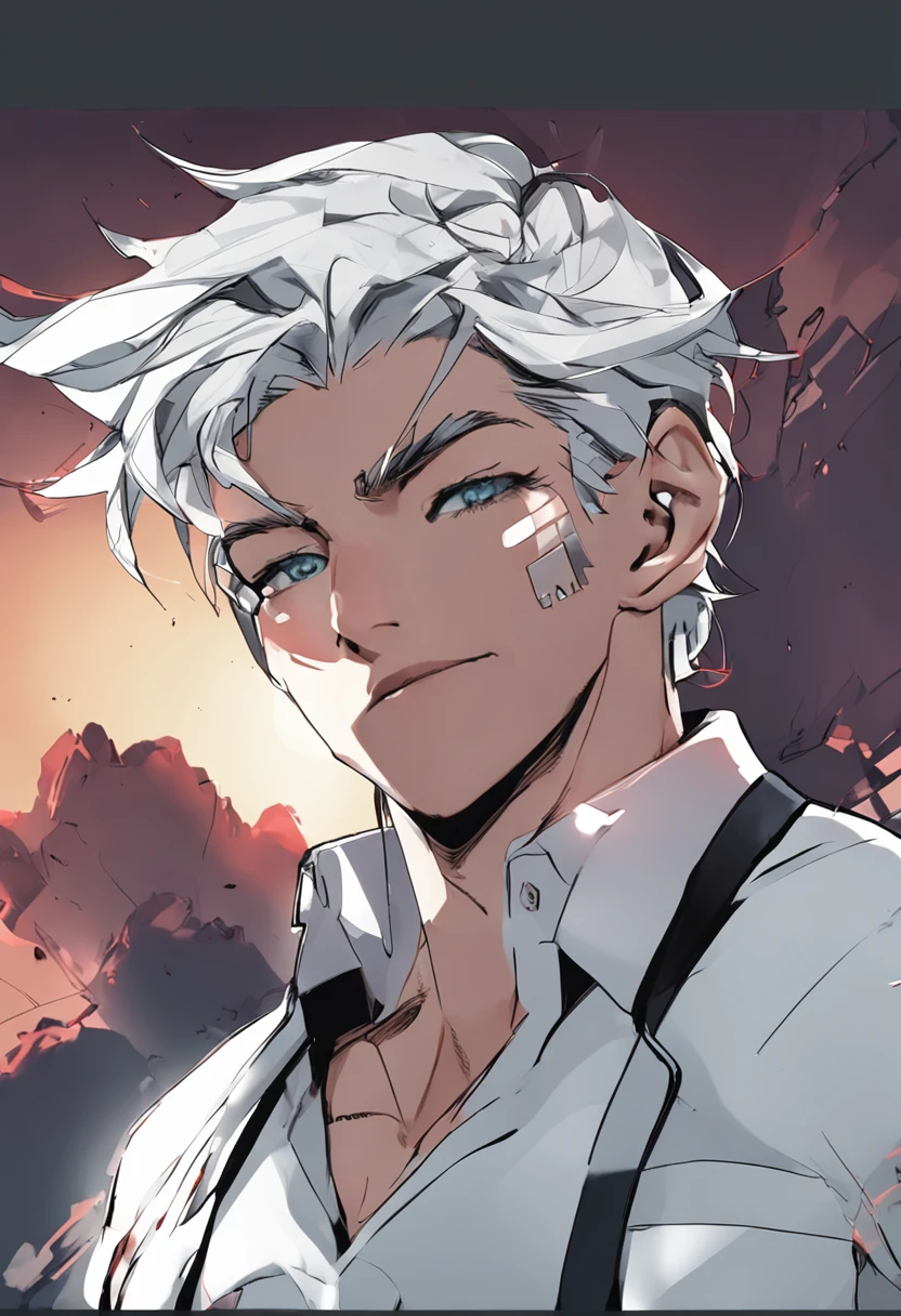 Side dorsal head, eBlue eyes, cool guy, White hair, Bad laughs, hyper HD, blacksuit, white skinned, Persona diagram, The upper part of the body, Pan, High detail