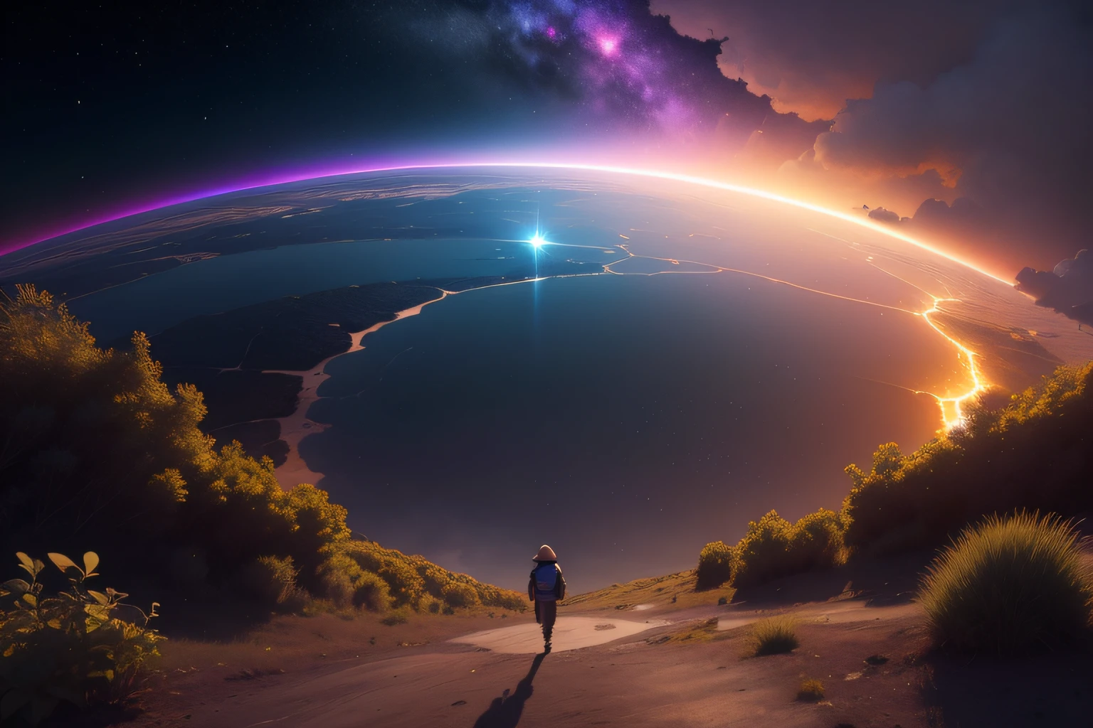 Uma ampla foto de paisagem, (vista de baixo, the sky is above, and the open field is below),  (meteoro: 0.9), (nebulosa: 1.3), montanhas distantes, Árvores BREAK Crafting Art, (Luz quente: 1.2), (Firefly: 1.2), Luzes, Muito roxo e laranja, Detalhes intrincados, volumetric lighting BREAK (Obra-prima: 1.2), (Melhor Qualidade), 4K, Ultra Detalhado, (dynamic compositing: 1.4), Rico em Detalhes e Cor, (rainbow color: 1.2), (Brilho, Atmospheric Illumination), Sonhador, magica, (Solo: 1.2)