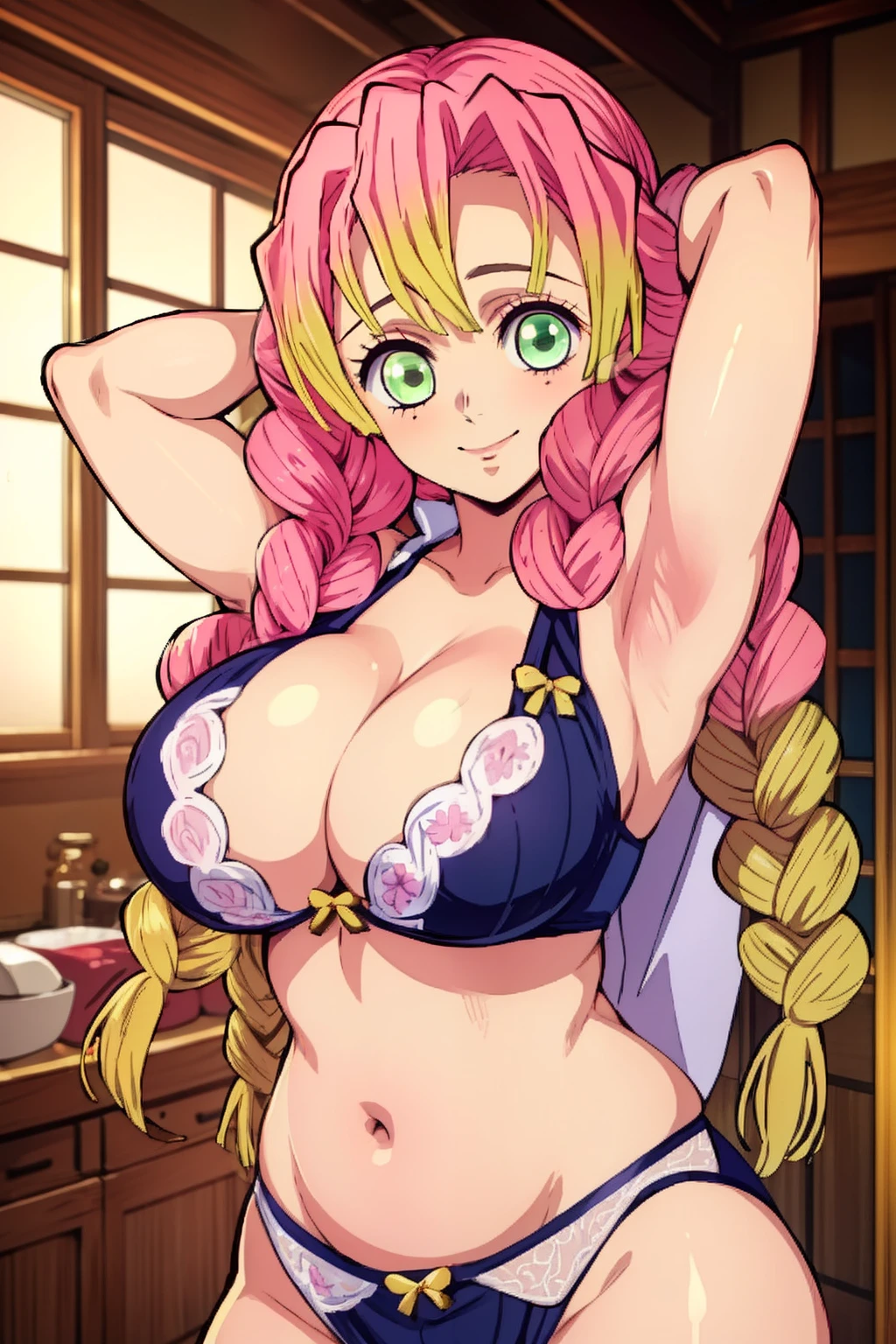 (masterpiece, Better Quality), 1girl in, Mitsurikan Log, Dazzling, smil, Breast, Armpits, Belly, muscle、PINK Underwear、Lace underwear、Voluptuous body