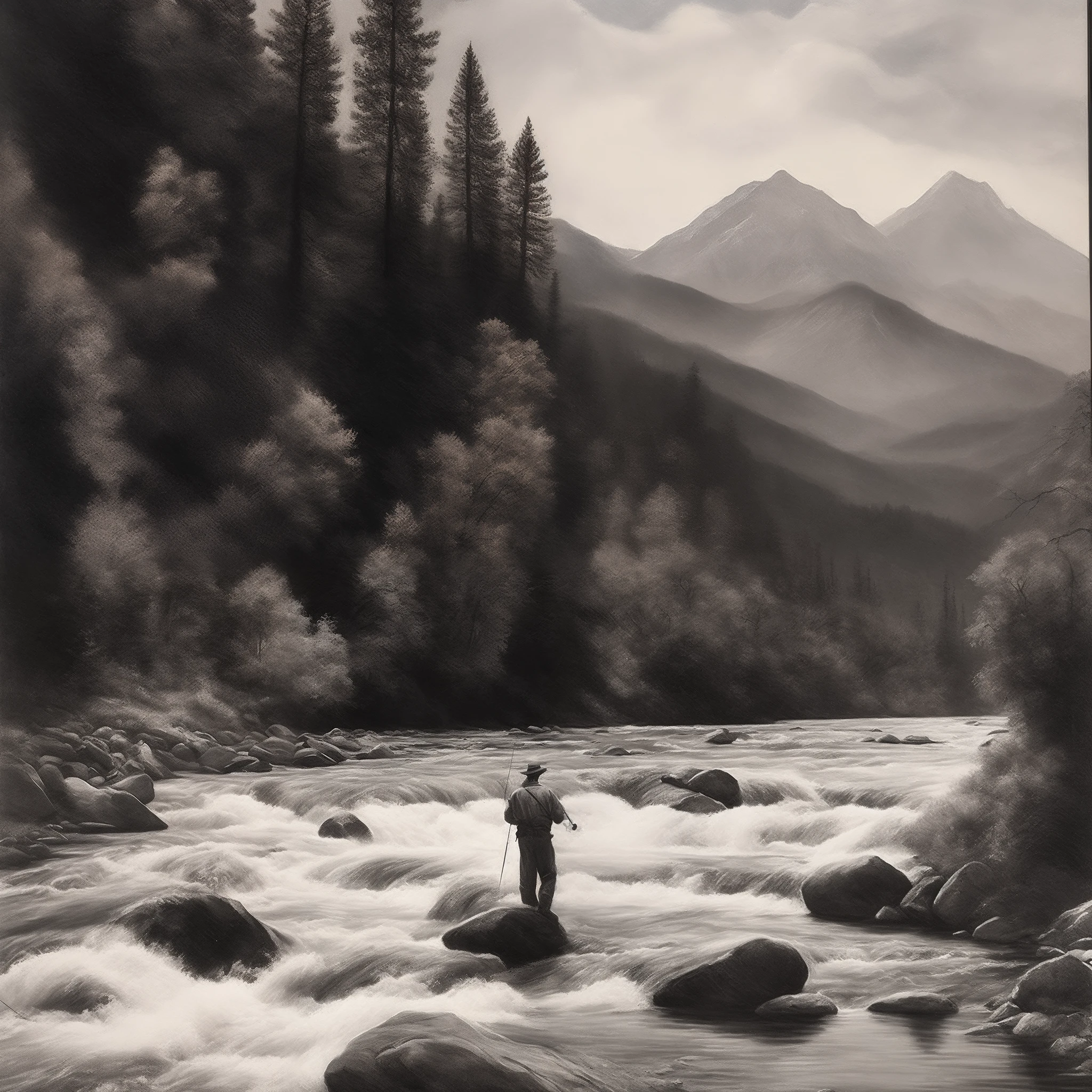 "Charcoal drawing, fly fishing, standing in a flowing river, flowing the mountains, capturing fish, breathtaking details, 8k resolution, photo-realistic, picturesque river scenery." By Walter Arlaud.