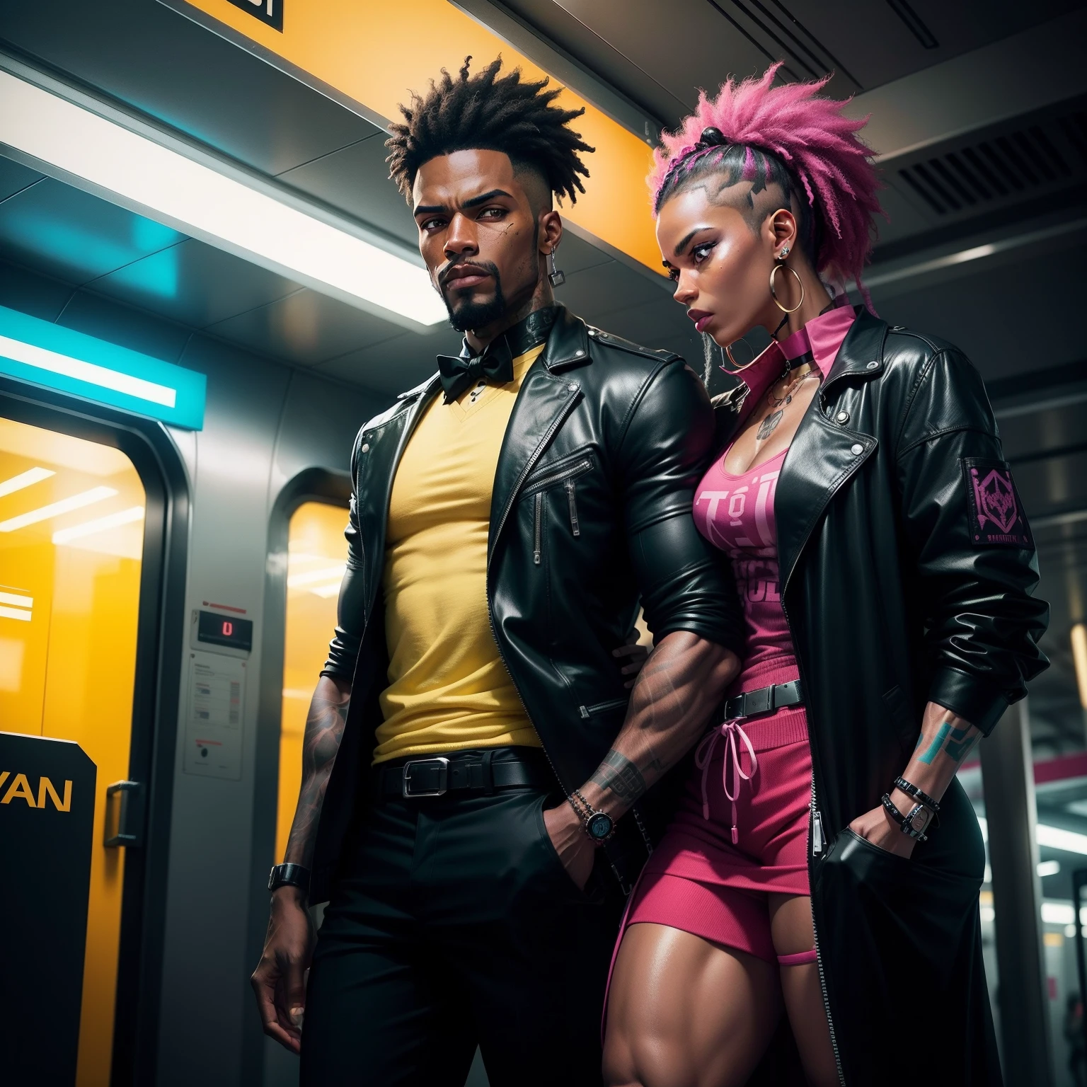I'd like a cyberpunk style image in 4k average photo of two black characters ,30 anos de idade,,africano, forte, musculoso,Bodybillder,muito forte de pele negra ,barba grande,barba, Estiloso Barbon,com cabelo punk estilo anos 80 na cor amarelo e cinza escuro,muito eLegante,, futurista e estiloso neon , com uma tatuagem super colorida e com neon ,Toattoo, facing a metro station on the platform , with station lights failing in a dimly lit environment, standing dressed in a dark yellow suit with a pink bow tie and baggy shirt.