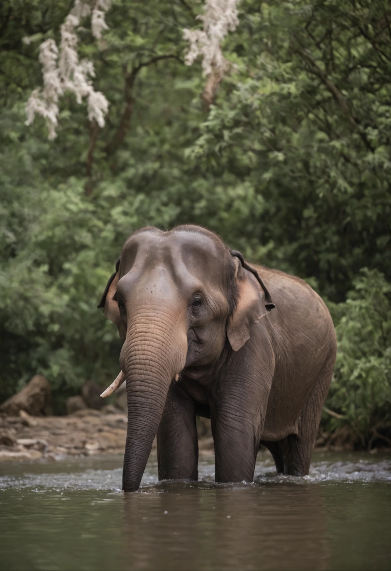 A majestic Asian elephant, bathing in a river, photographed with a Fujifilm GFX 100S, 100-400mm f/4.5-5.6 R LM OIS WR lens, at an aperture of f/5.6, a shutter speed of 1/200 s, and an ISO of 1600.