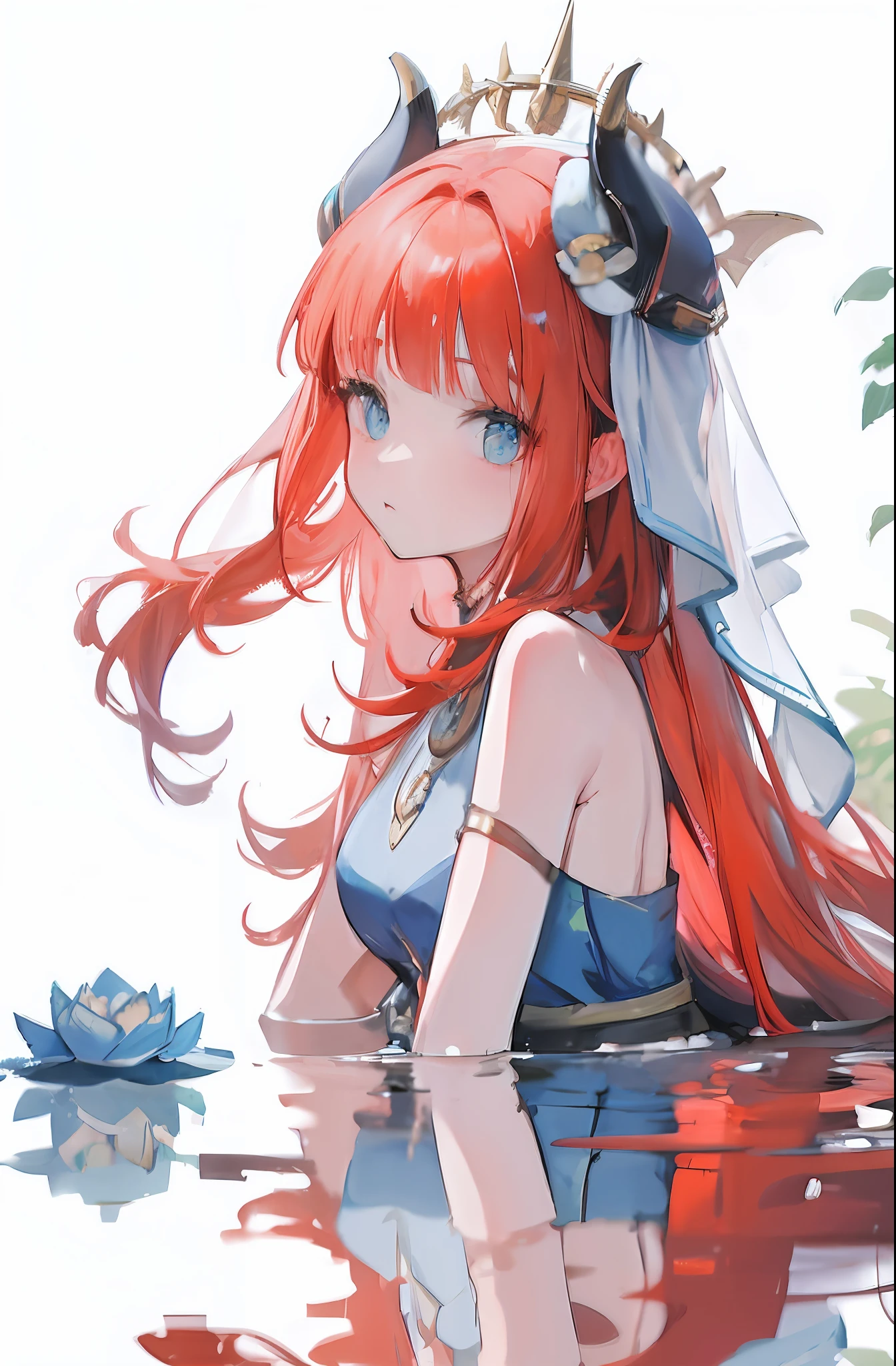 anime girl with red hair and a crown sitting in water, anime goddess, zerochan art, red haired goddess, genshin, trending on artstation pixiv, ayaka genshin impact, beautiful anime, beautiful anime girl, guweiz on pixiv artstation, anime style 4 k, anime art wallpaper 8 k, detailed digital anime art