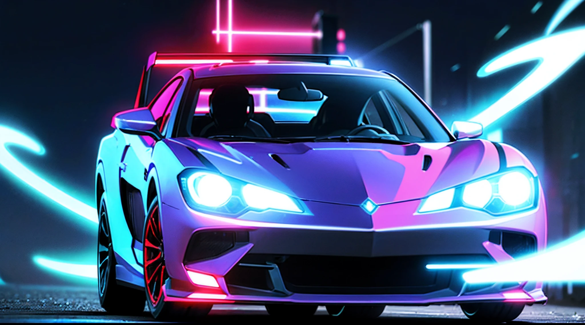(melhor qualidade: 0.8), (melhor qualidade: 0.8), Perfect anime illustration, noite, carro neon