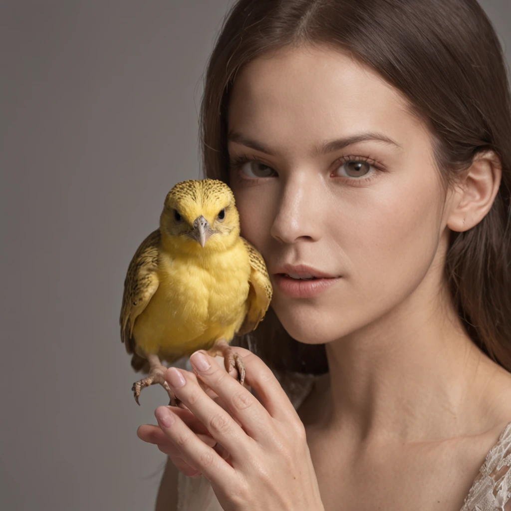 Por gentileza, produza uma imagem retratando uma cena ambientada em um quarto abundantemente iluminado. Nessa cena, A young woman of 20 years holds with extreme delicacy a diminutive chick of yellow coloration in her hand. His countenance denotes a combination of astonishment and shock, evidenced by his half-open mouth and hands covering his face in a gesture of astonishment. His eyes are wide open, conveying an authentic sense of surprise. The image needs to achieve standards of visual excellence, reaching 8K resolution to ensure thorough capture of every detail and present itself as a true masterpiece of artistic quality rated at 1.2. The desired representation must be characterized by its reality and photographic verisimilitude, punctuating the smallness of the chick and the vividness of its yellow coloration, avaliada em 1.37. The focus is on getting an ultra-thorough image, in order to highlight each attribute in a distinctive way.