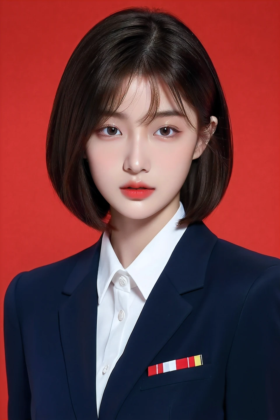 Best quality, High details, high resolution, HD, 16k,Close-up photo of shoulder length short brunette girl in suit uniform, ultraclear, Flawless and delicate face, Truly delicate skin, big breasts beautiful, Delicate and clear eyes, Look at the screen, Simple, (simple red background)
