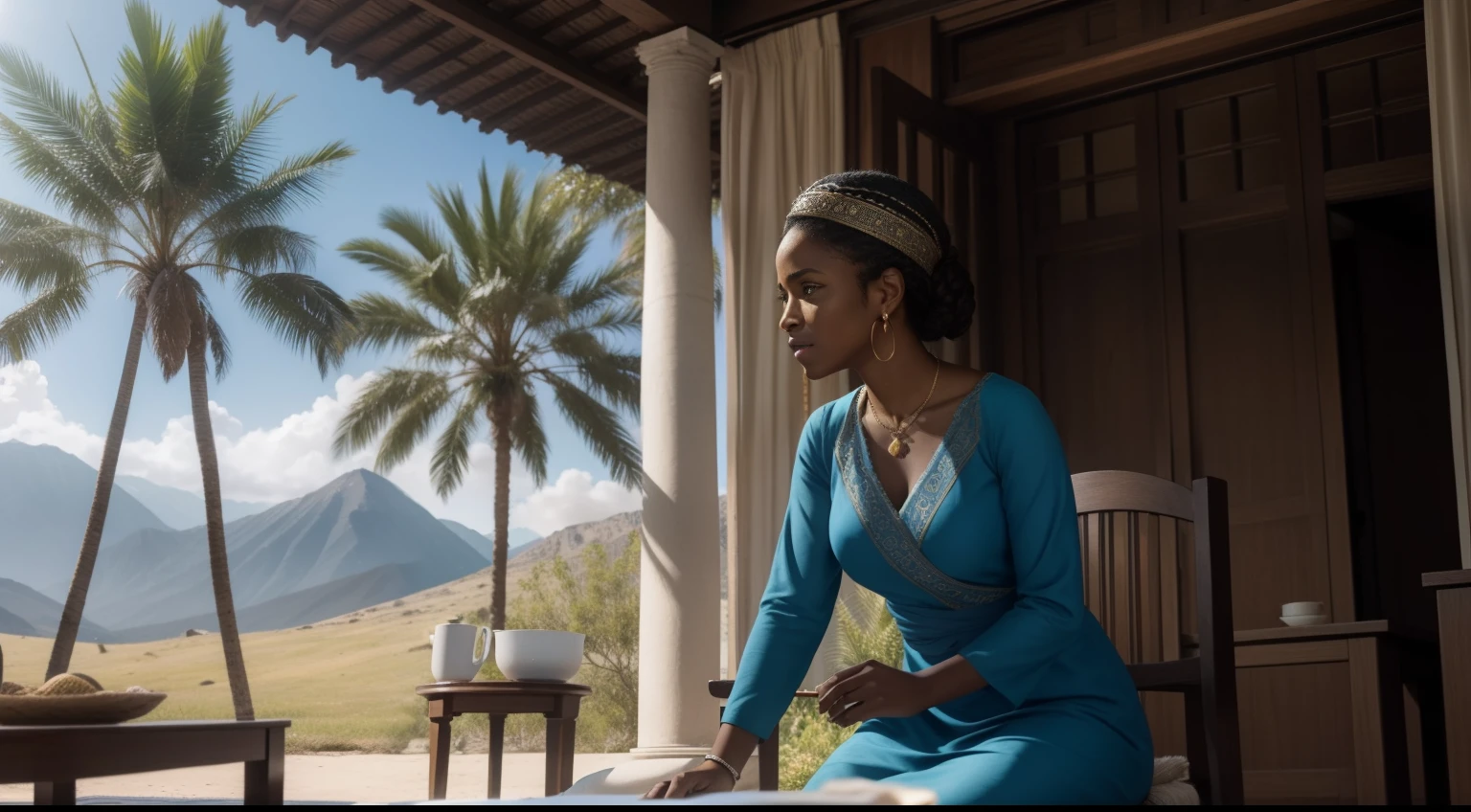 Gere uma imagem realista, which depicts the conversation between Deborah and Barak described in Judges 4:6-9. The scene should capture the presence of the aforementioned palm tree, which symbolizes the place where Deborah sits to offer guidance. Barak must be standing before her, exhibiting a mixed expression of determination and uncertainty. Deborah, wearing typical clothes of the time, deve emanar uma aura de sabedoria e autoridade. A luz suave do sol deve iluminar a cena, criando uma atmosfera serena e significativa. detalhes sutis, like Deborah's facial expression and hands, gestualizando enquanto ela fala, will help convey the tenor of the conversation, in which she shares the divine order and Barak expresses her concerns. The background should suggest the mountainous region of Ephraim, reinforcing the feeling of isolation and the spiritual importance of this moment.
