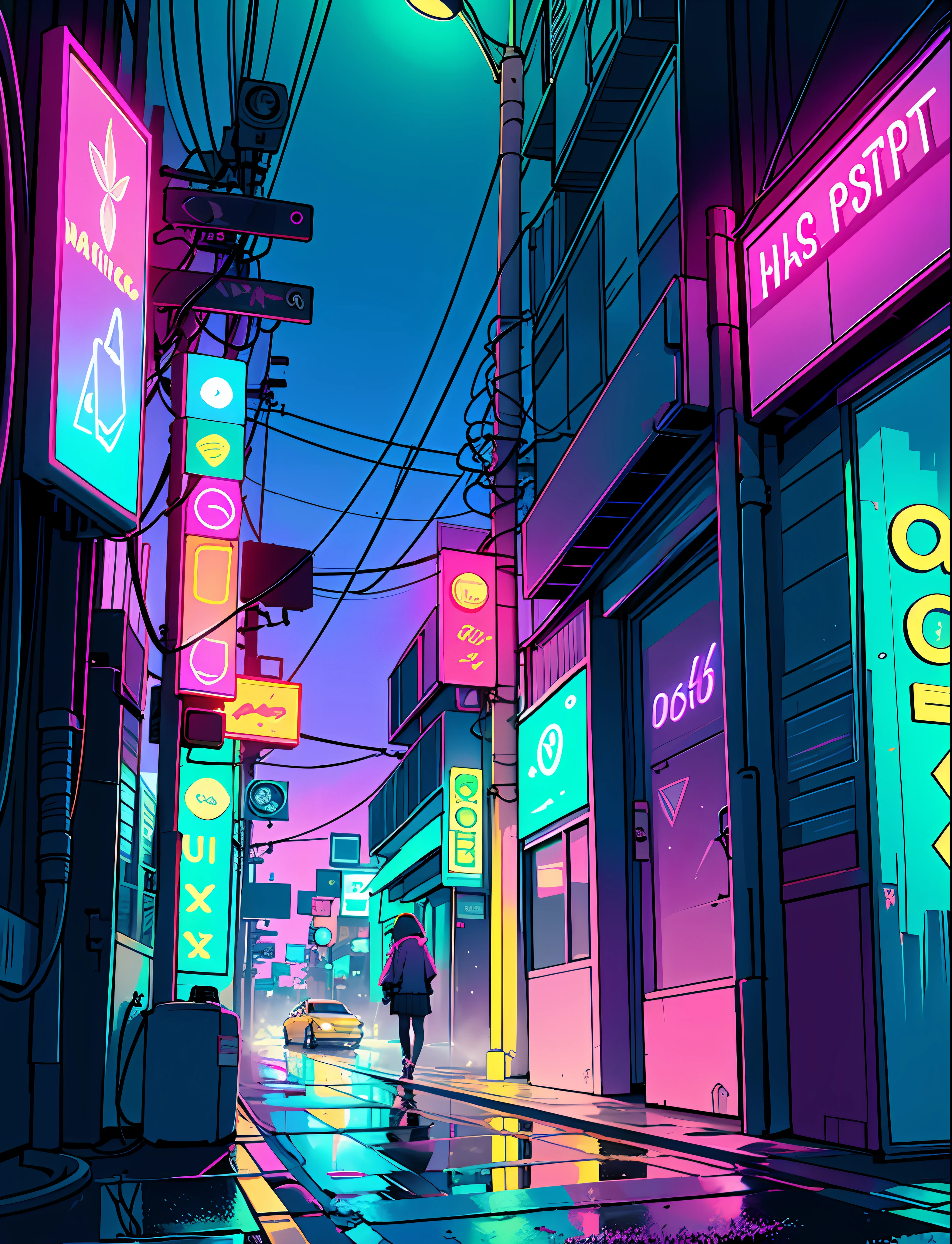 Cool chic car on a wet road. , neon lights, neon, retrowave, club, night,,, in love Hemp, leaf, marijuana, cannabis, ((illustration)), colorful, wallpaper, energy, secret, magical environment, omniscience, prediction of the future, understanding the past, frost magic, --v 6