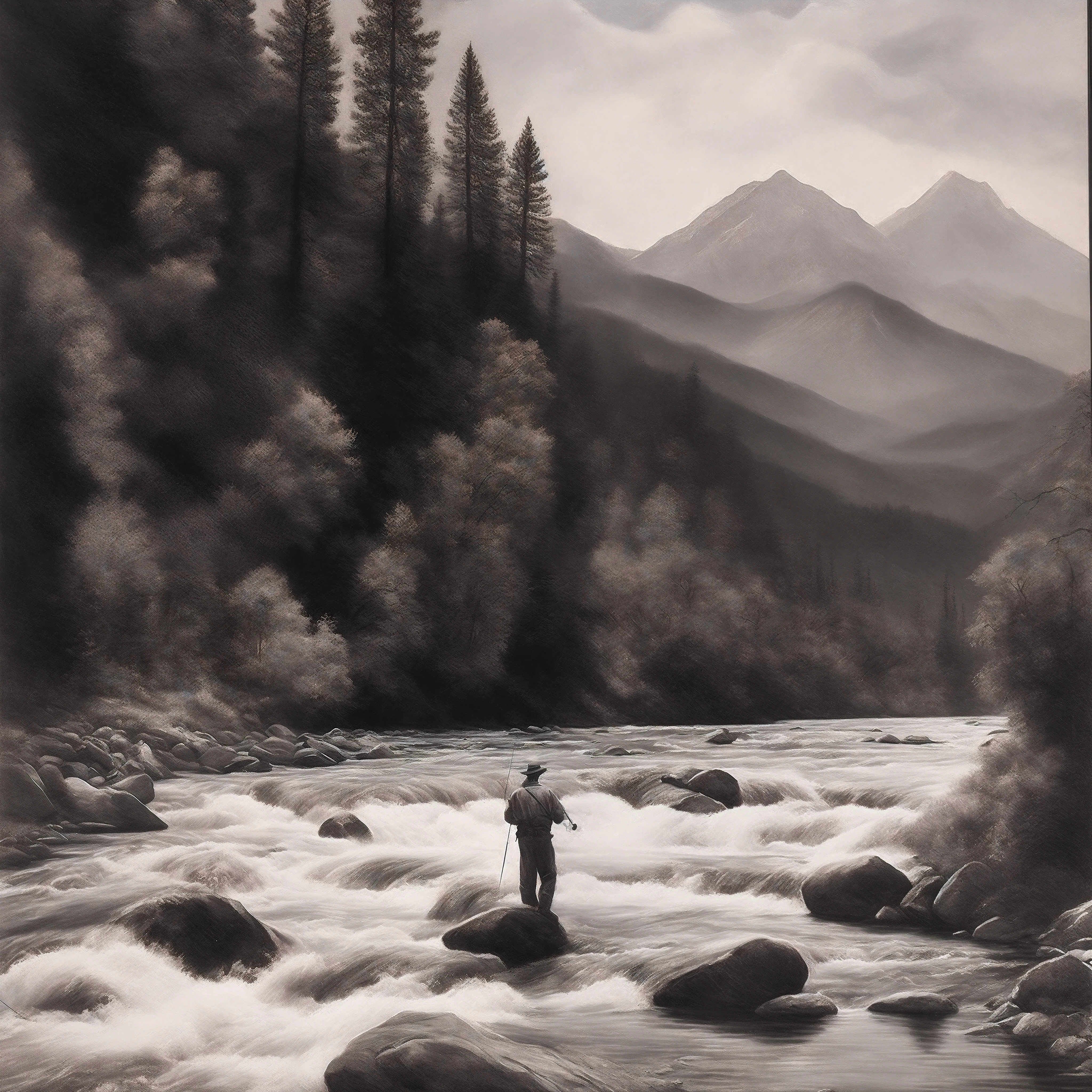 "Charcoal drawing, fly fishing, standing in a flowing river, flowing the mountains, capturing fish, breathtaking details, 8k resolution, photo-realistic, picturesque river scenery." By Walter Arlaud.