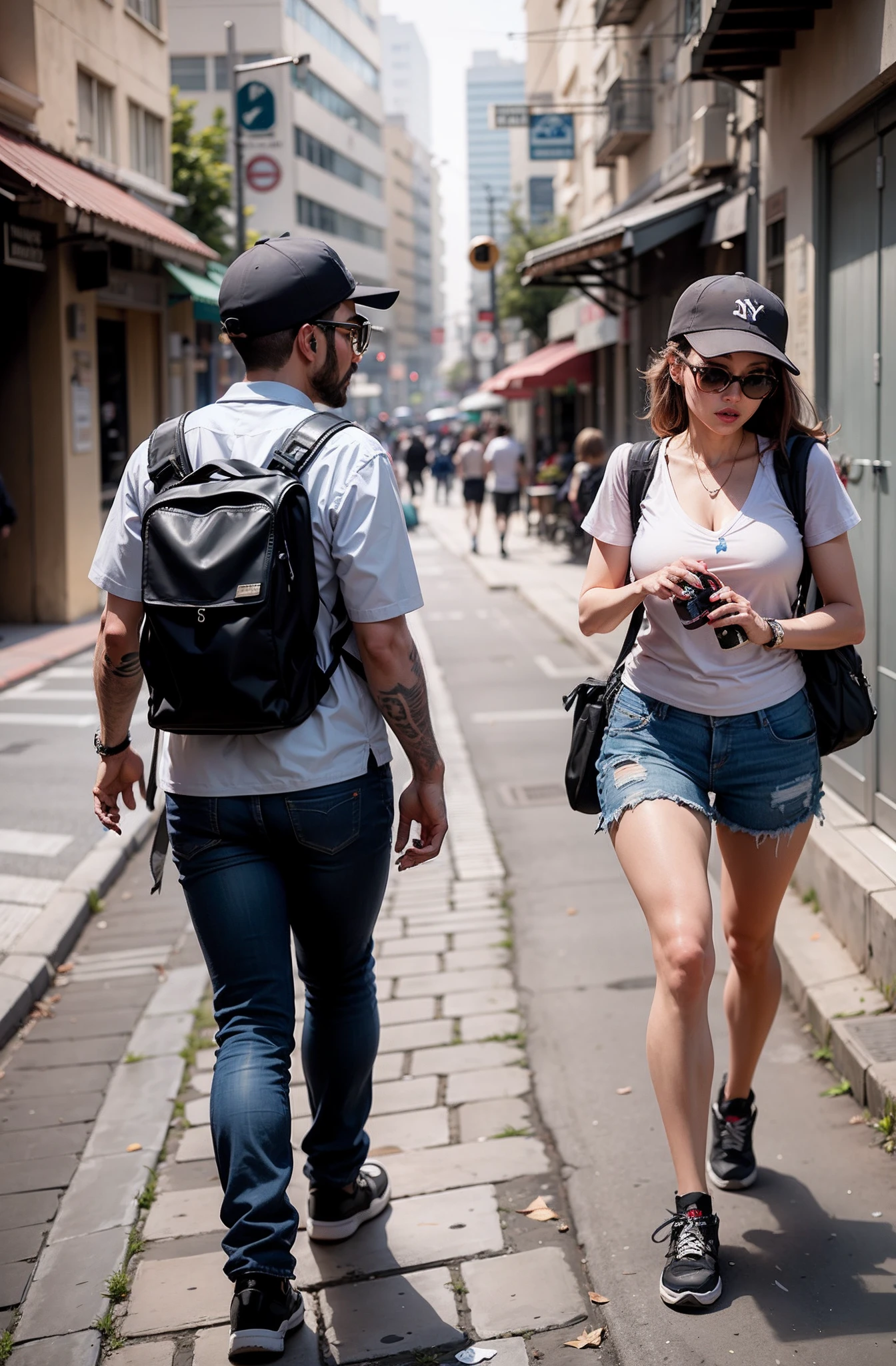 There are two people walking down the street with backpacks, viajantes andando pelas ruas, Homem e mulher, angelina jolie, bonita, linda, peituda, caminhando, Em uma rua deNY, Na rua, Na rua, pessoas andando na rua, vagando pela cidade, pessoas andando por uma rua, nas ruas, pessoas andando na rua, com uma mochila, na rua da cidade, Nas ruas de NY