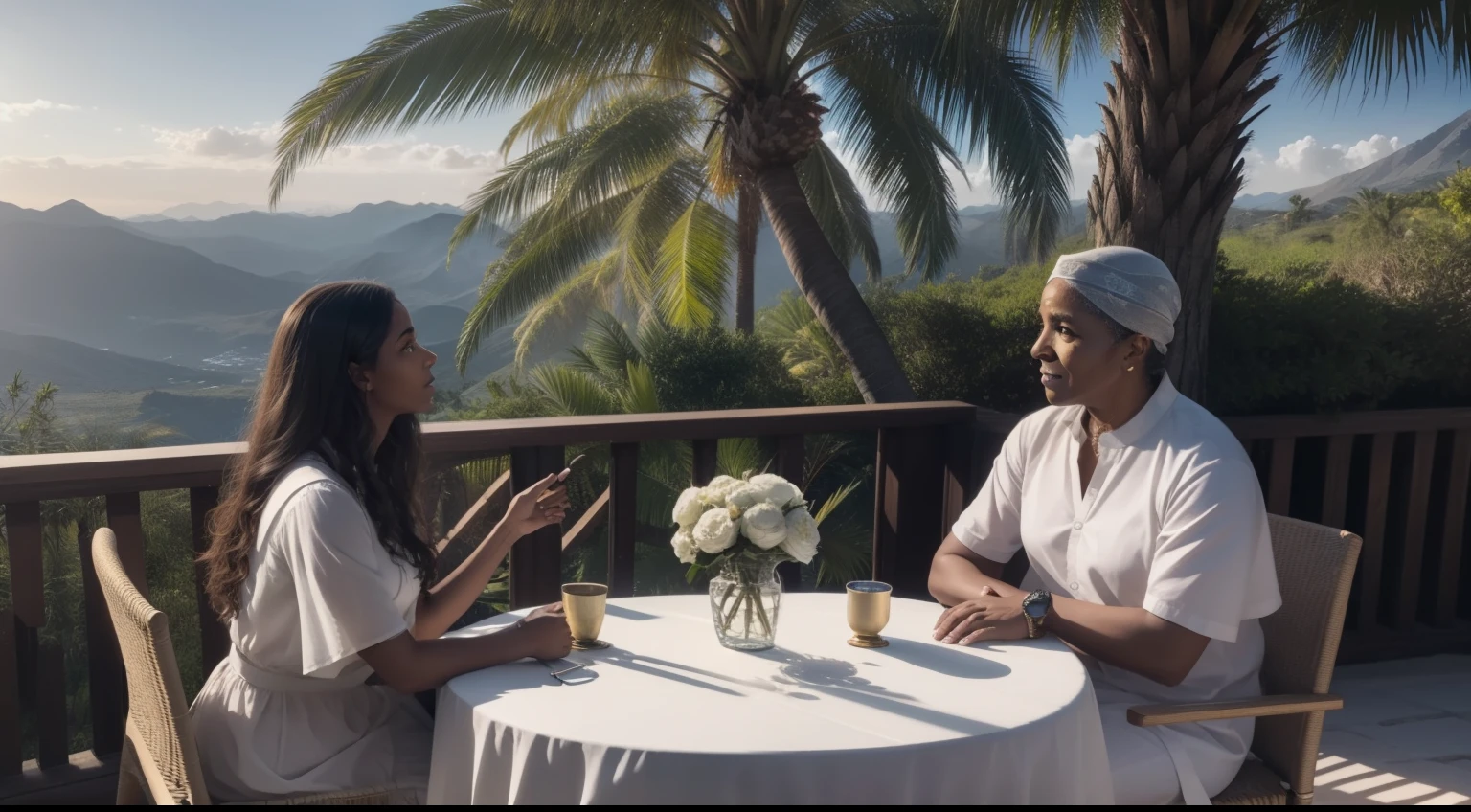 Gere uma imagem realista, which depicts the conversation between Deborah and Barak described in Judges 4:6-9. The scene should capture the presence of the aforementioned palm tree, which symbolizes the place where Deborah sits to offer guidance. Barak must be standing before her, exhibiting a mixed expression of determination and uncertainty. Deborah, wearing typical clothes of the time, deve emanar uma aura de sabedoria e autoridade. A luz suave do sol deve iluminar a cena, criando uma atmosfera serena e significativa. detalhes sutis, like Deborah's facial expression and hands, gestualizando enquanto ela fala, will help convey the tenor of the conversation, in which she shares the divine order and Barak expresses her concerns. The background should suggest the mountainous region of Ephraim, reinforcing the feeling of isolation and the spiritual importance of this moment.
