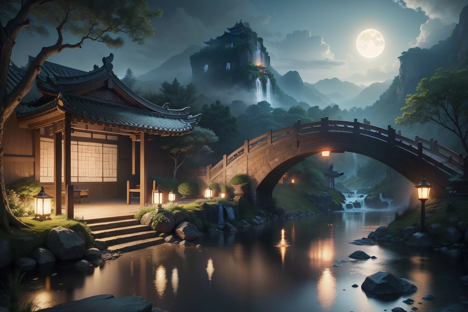 Ancient Chinese architecture, moon, night, garden, bamboo, lake, stone bridge, rockery, arch, corner, rockery, tree, running water, landscape, outdoor, waterfall, grass, rock, water lily, hot spring, water vapor, (Illustration: 1.0 ), Epic Composition, Realistic Lighting, HD Details, Masterpiece, Best Quality, (Very Detailed CG Unity 8k Wallpaper), (Best Quality)