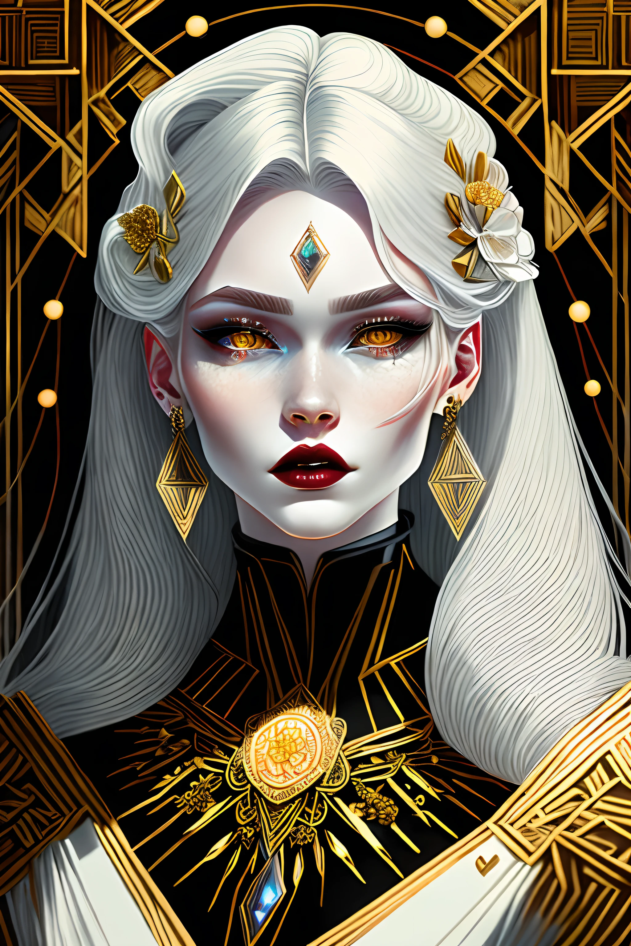 A tarot512 (masterpiece, 4k, ultra detailed, raw photo:1.2), illustration, (Art Deco:1.2), (minimalism:1.2), (CCDDA Artstyle:1.0), (pale skin:1.2),  (beautiful face:1.0), vampire, fangs, blood, amethyst polished gemstone, refraction, black glass, reflection, crystalline armor, crystals, white hair, pointy ears, skinny drow, beautiful angular face, glowing, red eyes, very long flowing hair, (puffy lips:1.1), huge lips, glowing jewelry, crystals, red and gold, earrings, brooch, high neck, (detailed floral patterns, intricate geometric patterns:1.1),