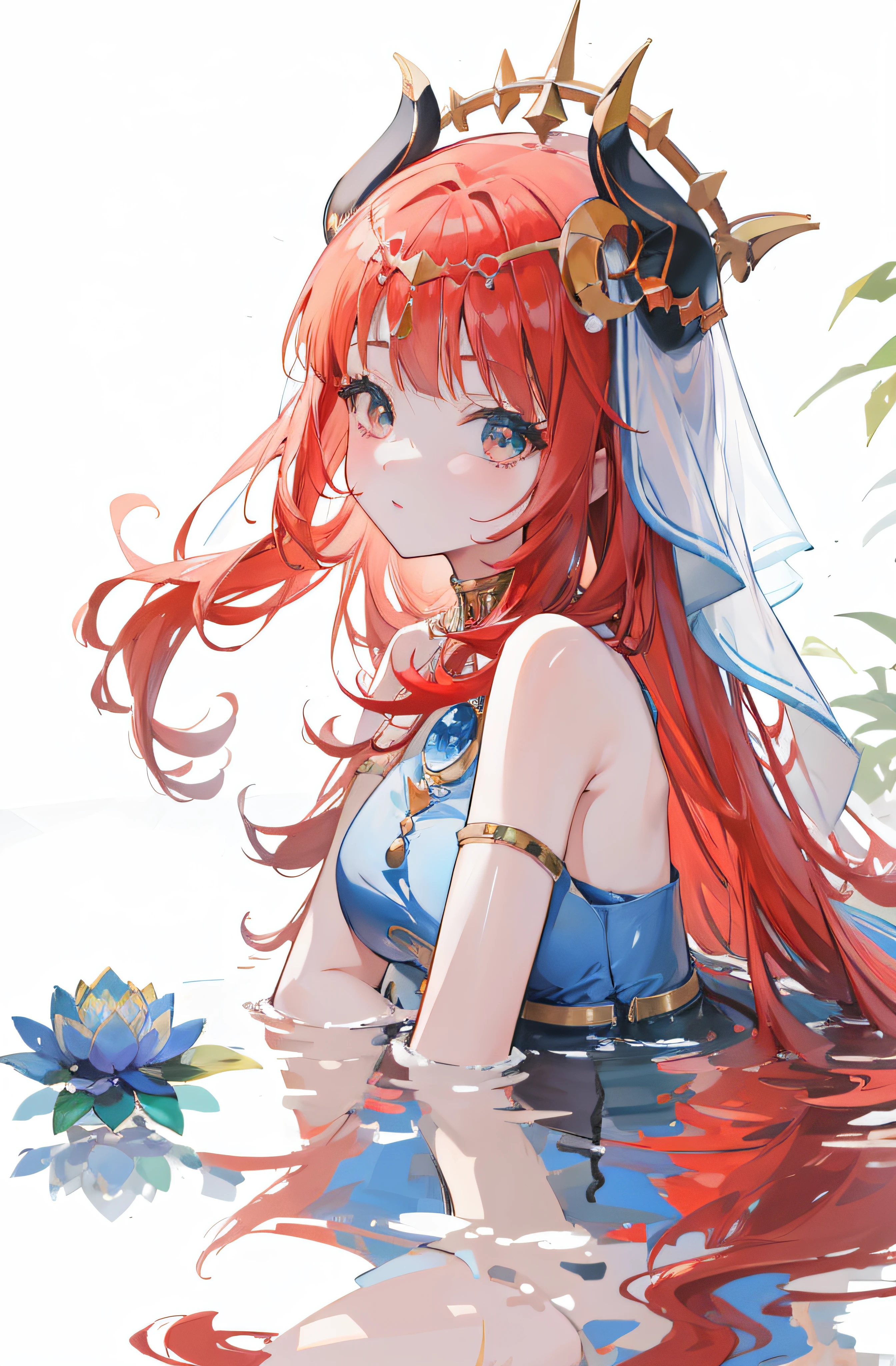 anime girl with red hair and a crown sitting in water, anime goddess, zerochan art, red haired goddess, genshin, trending on artstation pixiv, ayaka genshin impact, beautiful anime, beautiful anime girl, guweiz on pixiv artstation, anime style 4 k, anime art wallpaper 8 k, detailed digital anime art