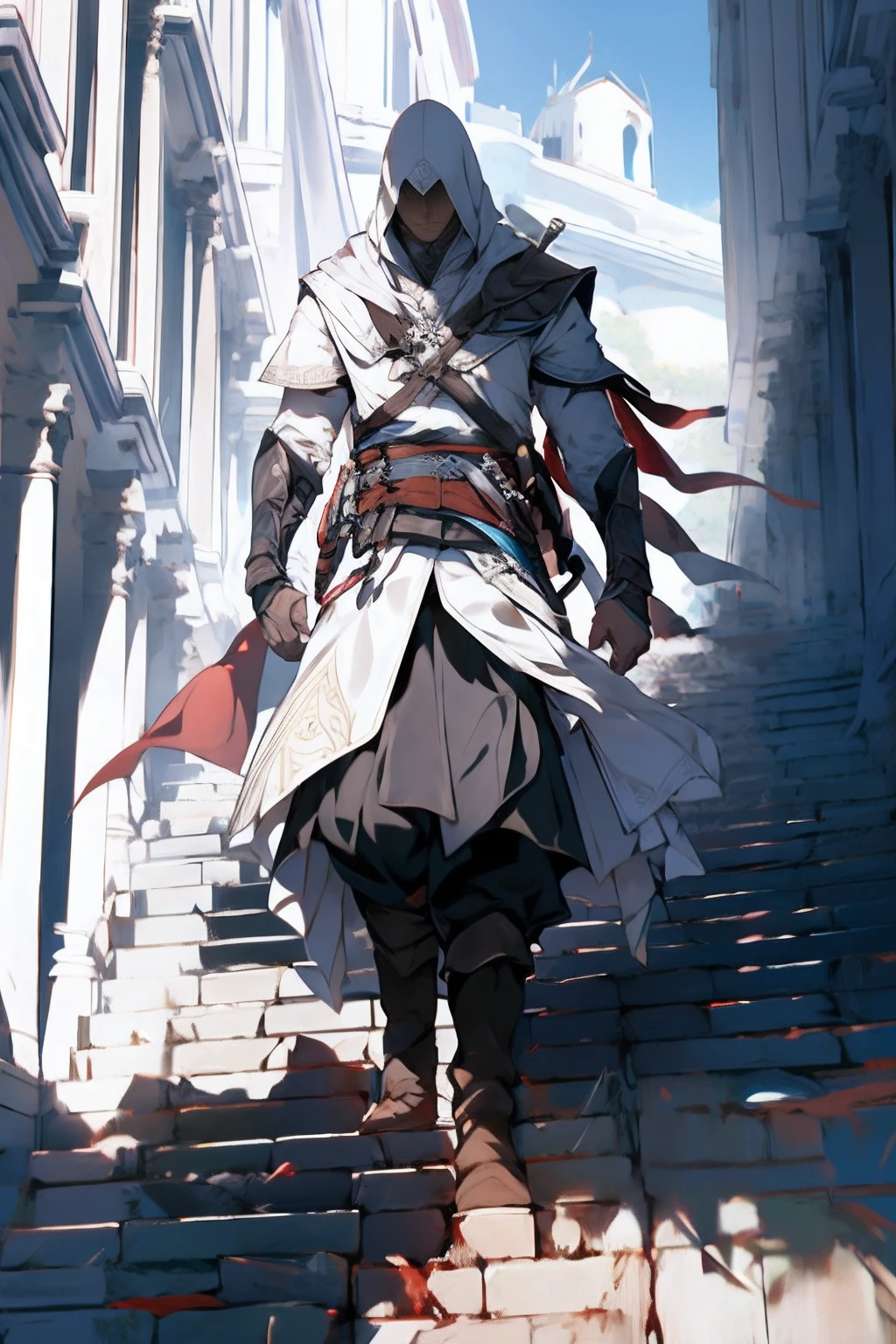 solo, 1boy, long_sleeves, holding, closed_mouth, standing, full_body, weapon, male_focus, boots, outdoors, day, belt, sword, pants, hood, cape, black_footwear, sash, bird, shaded_face, building, sheath, hood_up, sheathed, stairs, vambraces, weapon_on_back