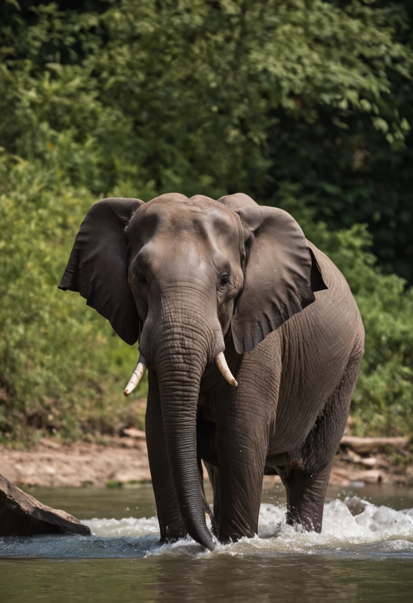 A majestic Asian elephant, bathing in a river, photographed with a Nikon Z 7 II, 200-500mm f/5.6E ED VR lens, at an aperture of f/5.6, a shutter speed of 1/250 s, and an ISO of 200.