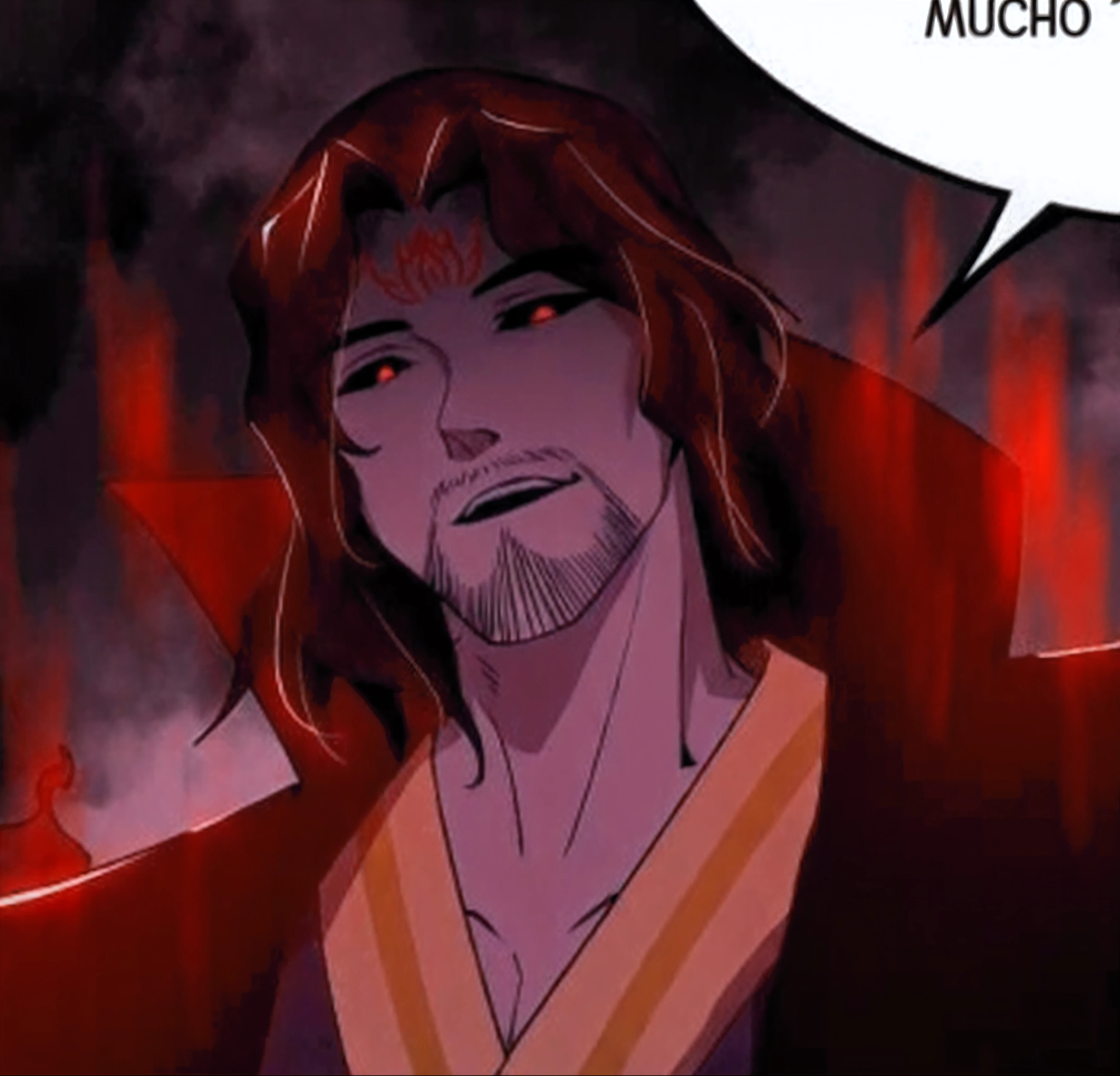 uma imagem de desenho animado de um homem com um cabelo vermelho e uma barba, ninja scroll estilo anime, Mustafar, he's very menacing and evil, rolagem ninja anime, Deus masculino bonito da morte, his eyes are red and glowing, Akira, Mitologia Chinesa, Hades, [sirius], not cropped, Aragorn em um mundo de anime, Furio Tetesschi