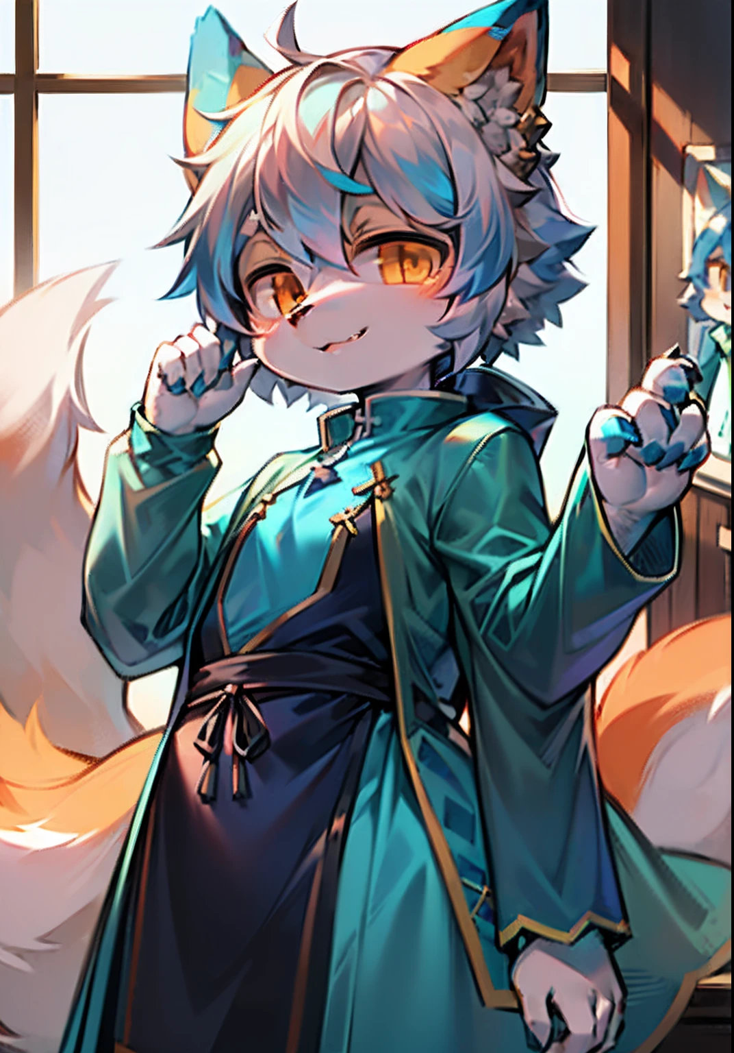 eyes with brightness,Bust photo of the character,Q version,头像框, Character focus,独奏, shaggy, Fluffy male fox, Male blue fur, Orange eyes, Blue-white hair(The long)Loli style,Little cute, Will sell moe,Wear only a dark blue tunic,There is a big tail,