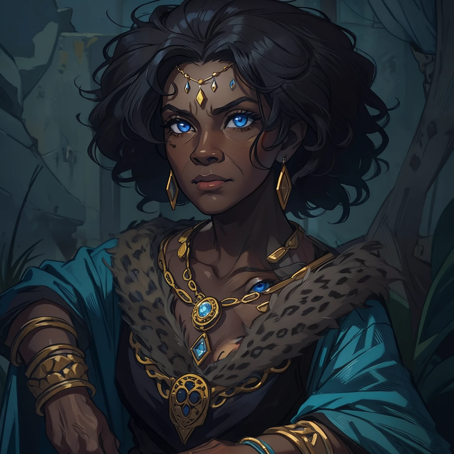Bad Elderly Dark Skin Woman. Blue Eyes. Leopard Eara. Medieval art. Elderly Woman. Curly Black dark Hair