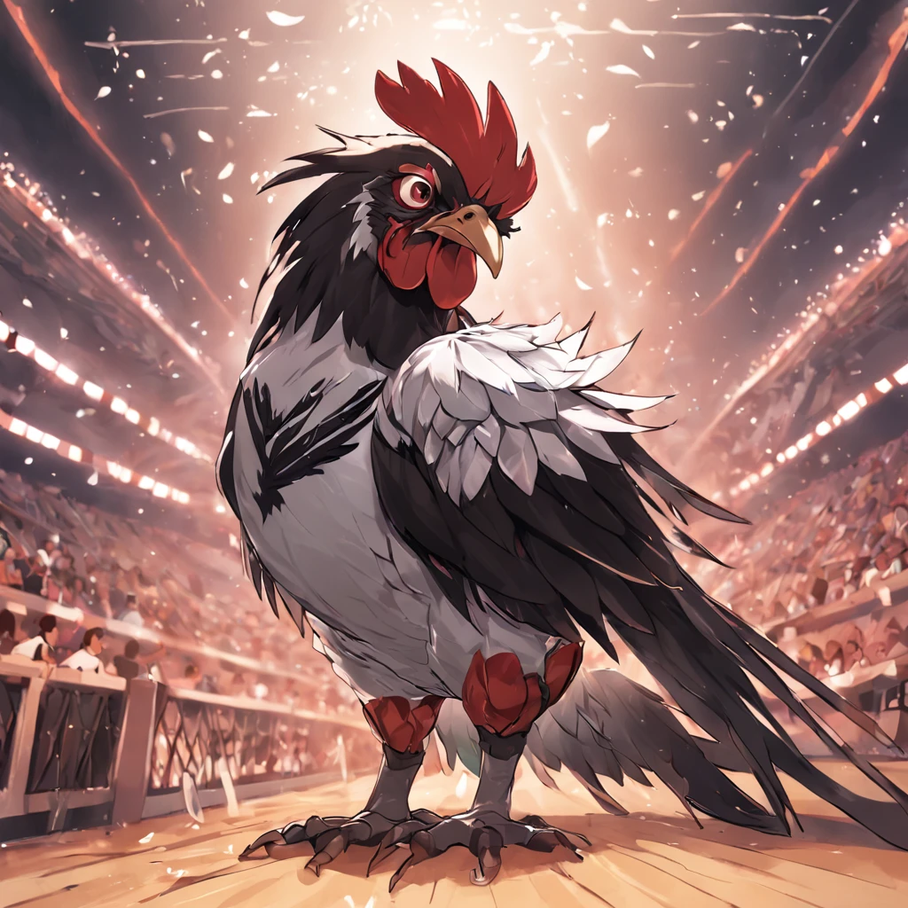 anthro avian bird, beak, Spiritual, Get enough sleep, Male, (Red) And white and black, early morning,Playing basketball ,Staring, Camera lens, bloodstainai, strong outline, High contrast, Bright colors,