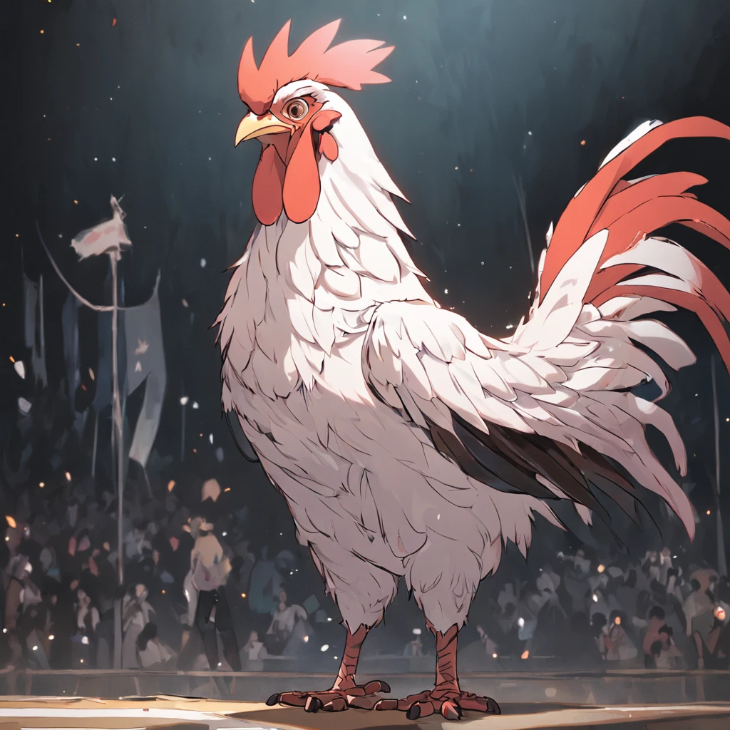 Um mascote humanizado em formato de galo, forte, com camisa do listrada vertical, listras pretas e brancas, escudo do time atletico mineiro, time brasileiro, galo exagerado com olhos grandes, no centro gramado de campo de futebol, Rooster with steel spur,arte em papel:1.3, Um arte do papel acolchoado:1.2),( Reasonable decision., linhas claras, alta nitidez,melhor qualidade, Very detailed, Obra prima, Efeito de luz do filme, 4k )