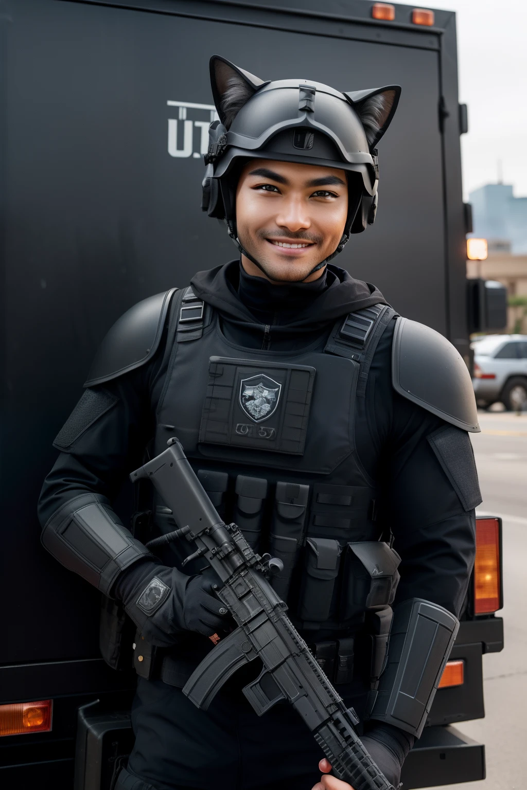 anthro cat, black SWAT outfit, detailed dark mascara, perfect skin, smiling, he is on the side of an Armored SWAT car, in a city, he is heavily armed with a rifle, rule of thirds, high quality background, ultra detailed scenery, ultra sharp focus, detailed dark mascara, perfect professional photo