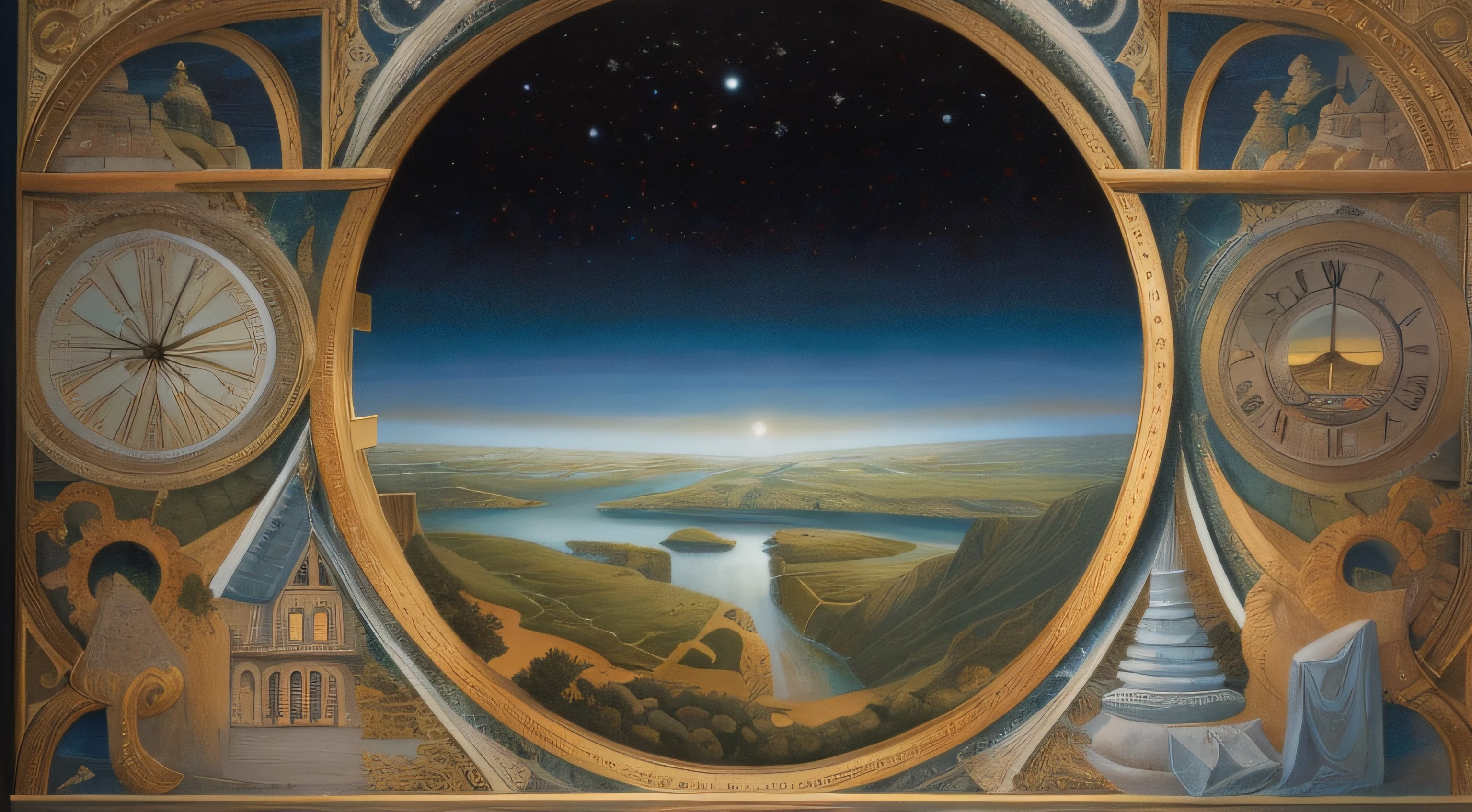 painting of a view of a landscape with a clock and a river, painting of a dreamscape, by David B. Mattingly, world seen only through a portal, virgil finlaytim hildebrandt, portal to outer space, baroque painting. star lit sky, detailed dreamscape, rob gonsalves and tim white, inspired by Vladimir Kush