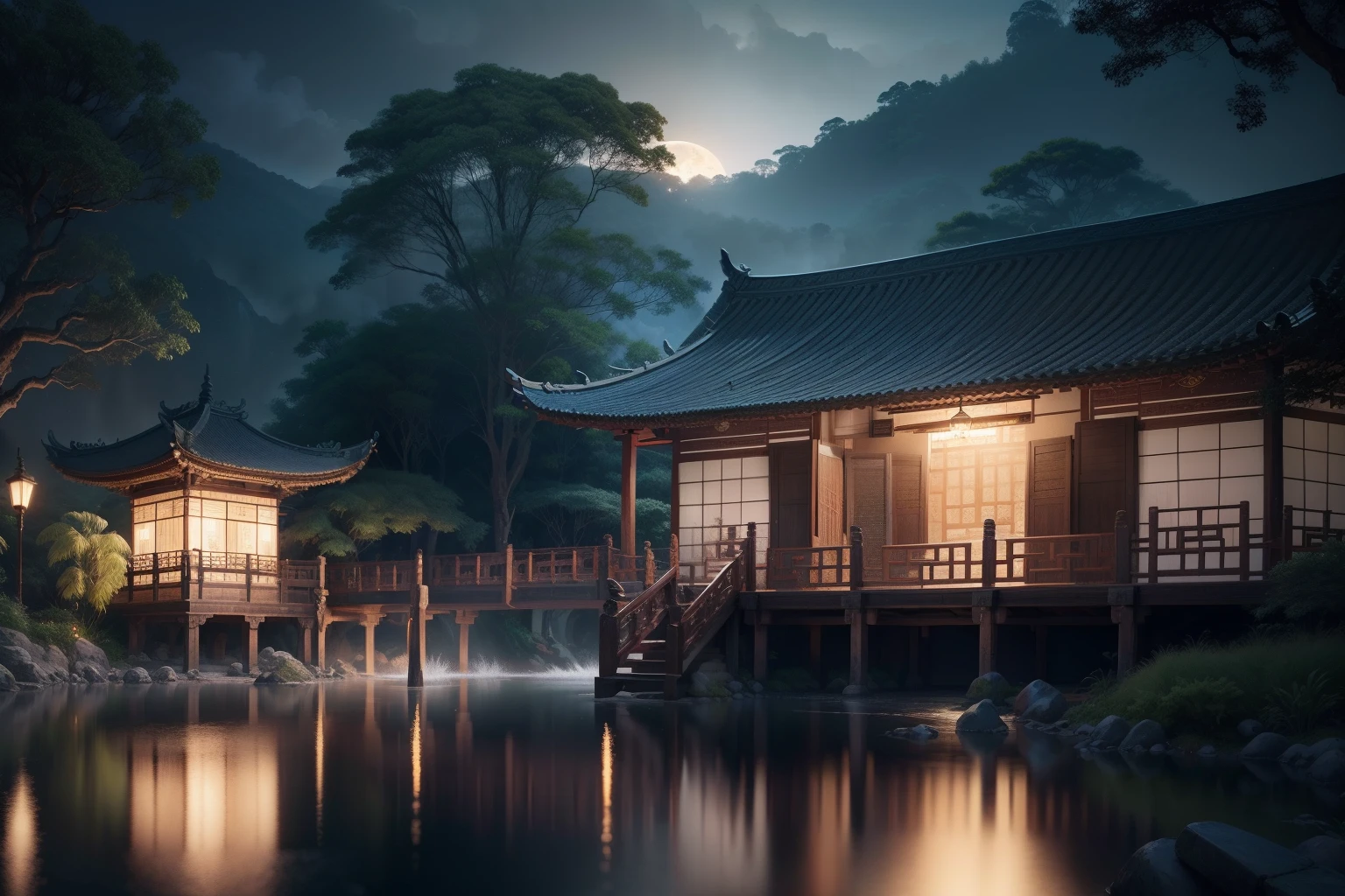 Arquitetura chinesa antiga, lua, noite, jardim, bambu, lago, rocha, arco, canto, rocha, tree, Flowing Water, paisagem, ao ar livre, cachoeira, grama, rocha, nenúfare, fonte termal, water vapour, (illustration: 1.0), Epic composition, lifelike lighting, detalhes HD, obra-prima, melhor qualidade, (muito detalhado CG Unity 8k Wallpaper), (melhor qualidade)