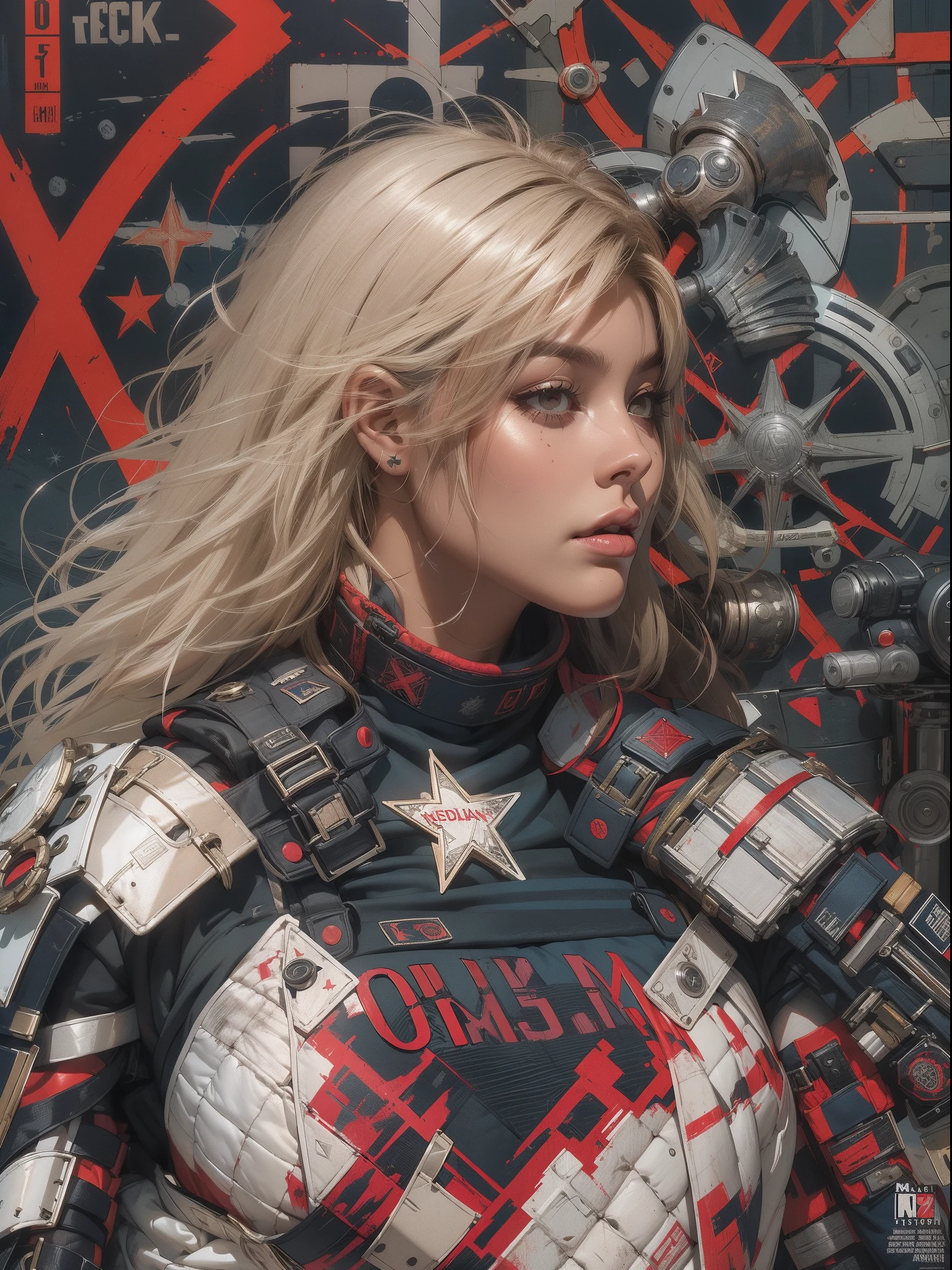 (((mulher))), (((melhor qualidade))), (((obra prima))), (((adulto))), (((1girl))), ((( corte de cabelo bob ))), Uma gladiadora cyberpunk mulher de 25 anos com corpo perfeito, shoulder pads with metal spines, Gladiadores do Brooklyn, (( corte de cabelo bob )), tiny leather panties, camiseta de time de rugby rasgada, quase nua no estilo selvagem urbano de Simon Bisley para a capa da revista Heavy Metal, Cabelo loiro curto, Minimum clothing, Metal protection on the left arm with intricate graphics, Dark red with white stars and white and navy blue checkerboard pattern, armadura, cheio de pontas e rebites, (((do joelho pra cima))), cabelos loiro branco curto, no fundo uma parede pintada por Shepard Fairey com um design intrincado