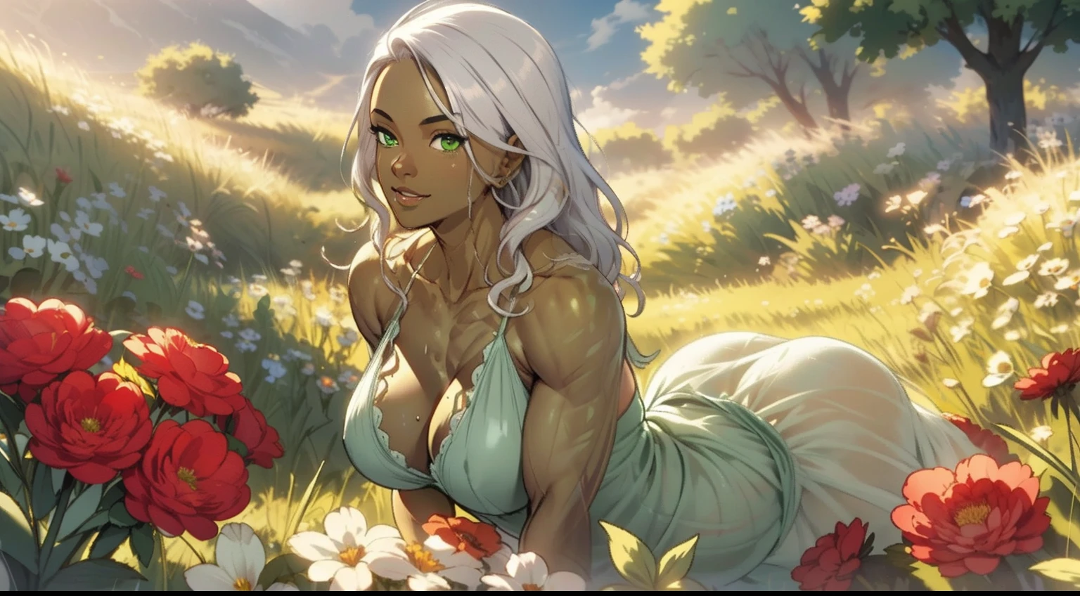 ((Masterpiece)), ((extreme details)), ultra quality, Masterpiece,Ultra-detailed,8k,,realism,Realisitc,\(Detailed Beautiful Mature Face\),\(Hyper-detailed green eyes\), ((dark skin slightly green)), ((1 femme)), femme orque, Muscular woman in short summer dress in light and semi-transparent fabric, Dancing on a field of flowers on a windy day, (Slightly transparent white nightgown), (dark skin slightly green), Regarder le spectateur, sourire affectueux, Bague en or, very muscular body, (Silvery white hair), (cheveux en queue de cheval), Yeux verts, Muscular sexy figure, (massive and huge breasts), thick muscular ass, moite, wet, Field of flowers as far as the eye can see, ((High Details)), ((Best quality)), 8k, realism, Ray Tracing, reflection light, textured skin, Rendu CG3D, lighting cinematic,