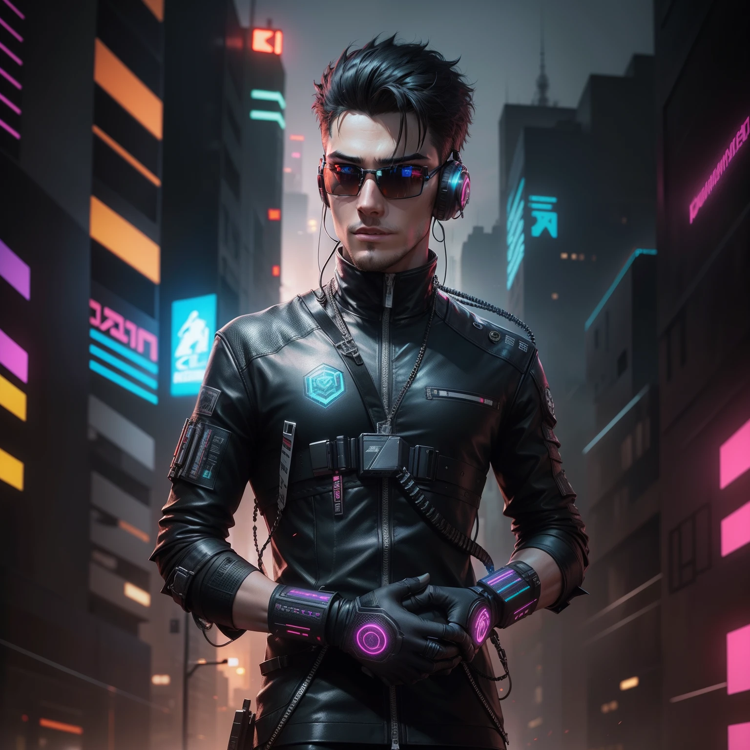Change background cyberpunk handsome gamer boy, realistic face, 8k ultra realistic, sunglass.