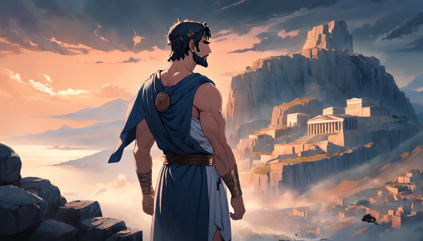 A profile portrait of a stoic and muscular ancient Greek man. He's looking away thoughtfully with a serene expression. He is wearing a short tunic that leaves his defined musculature on display. He is standing on a rocky hill watching the landscape in the background. In the distance one can see the silhouette of an ancient Greek city in dark and smoky tones, as if covered by the mist of time. There are ancient columns and architectural structures in the distance. The man seems serene and wise, as a Stoic philosopher contemplating the passage of time and the cyclical nature of life in the citadel.