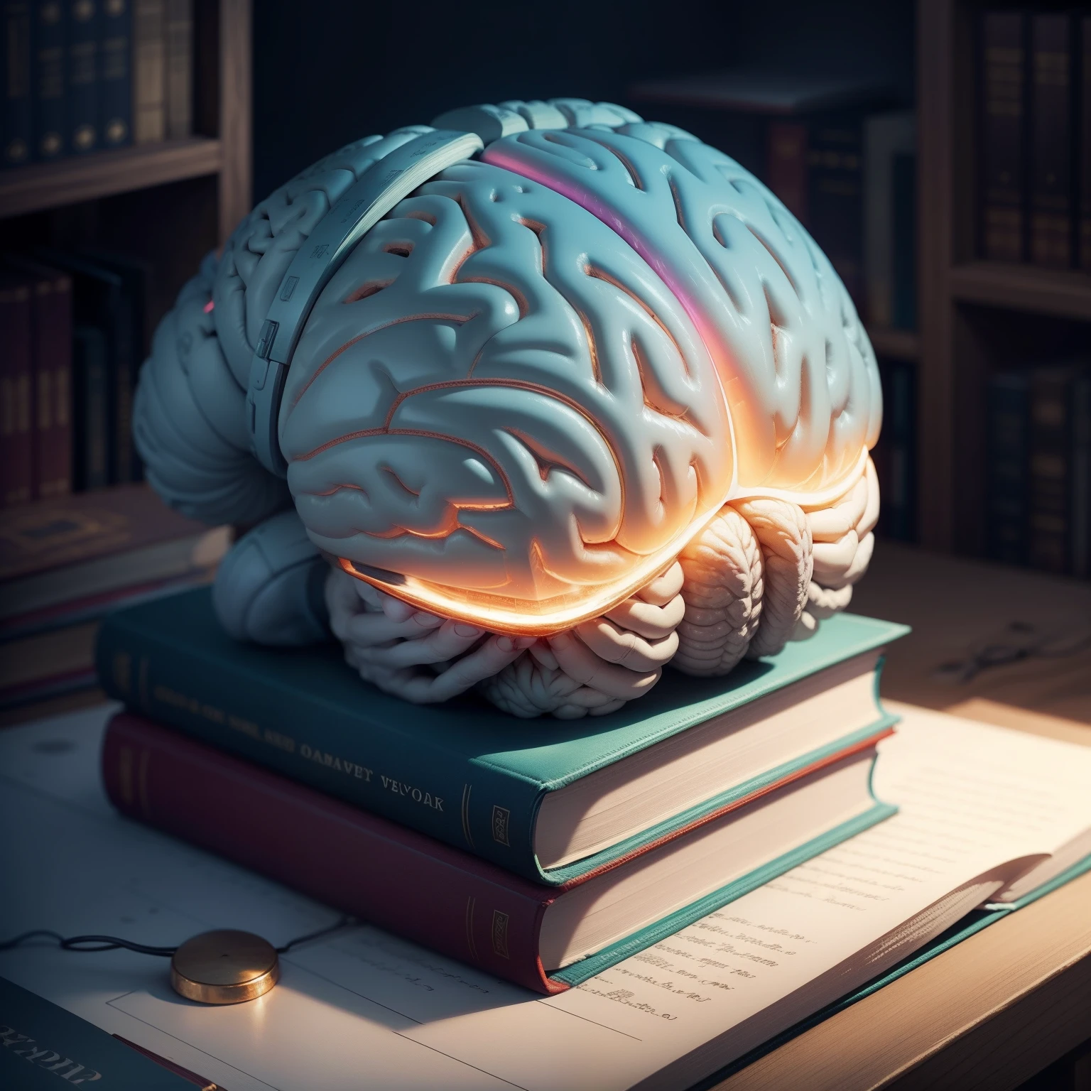 3D illustration of a brain sitting on a pile of books, Have a brain.., Vast knowledge, brain, The brain can see.., neurology, Nootropic Stimulants, Precise depictions, The human brain, Textbooks and books, intelligence, Scientific representation, brain, Anatomy of the brain, knowledge, wise man, The brain is connected to the computer.., Big brain, nerve