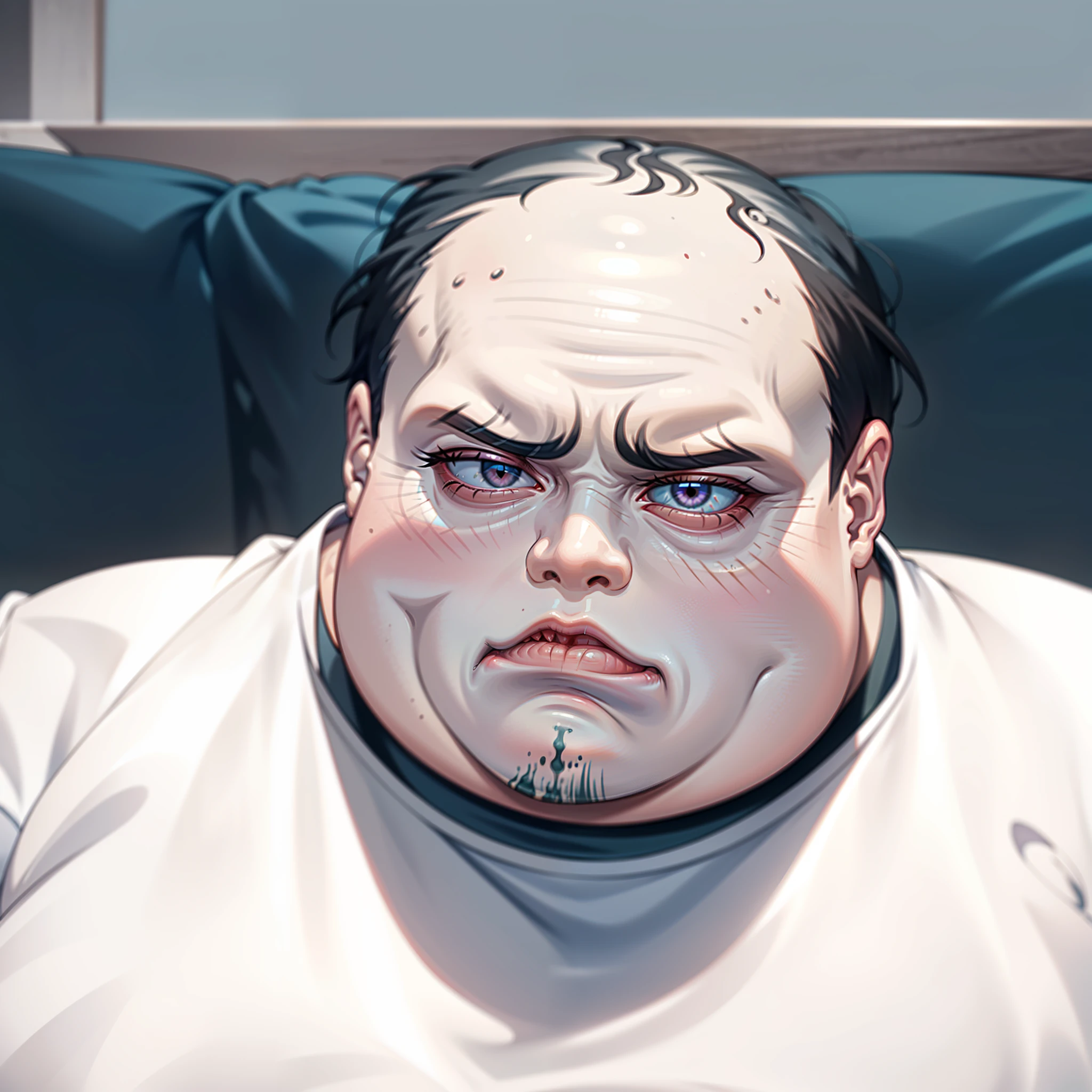 Ugly giant baby, cocky atitude, overconfident, ugly_???????, very thick lips, ugly man, ugly teen, obese face,Very fragile and thin black hair, full of bald spots, sprouts of hair, extremely messy and poor hair, absurdly messy and chaotic hair, intricate detail, no facial hair, child face, smug, overconfident, bloated cheeks, absurdly obese face, clean shaved face, clean shaved, shaved face