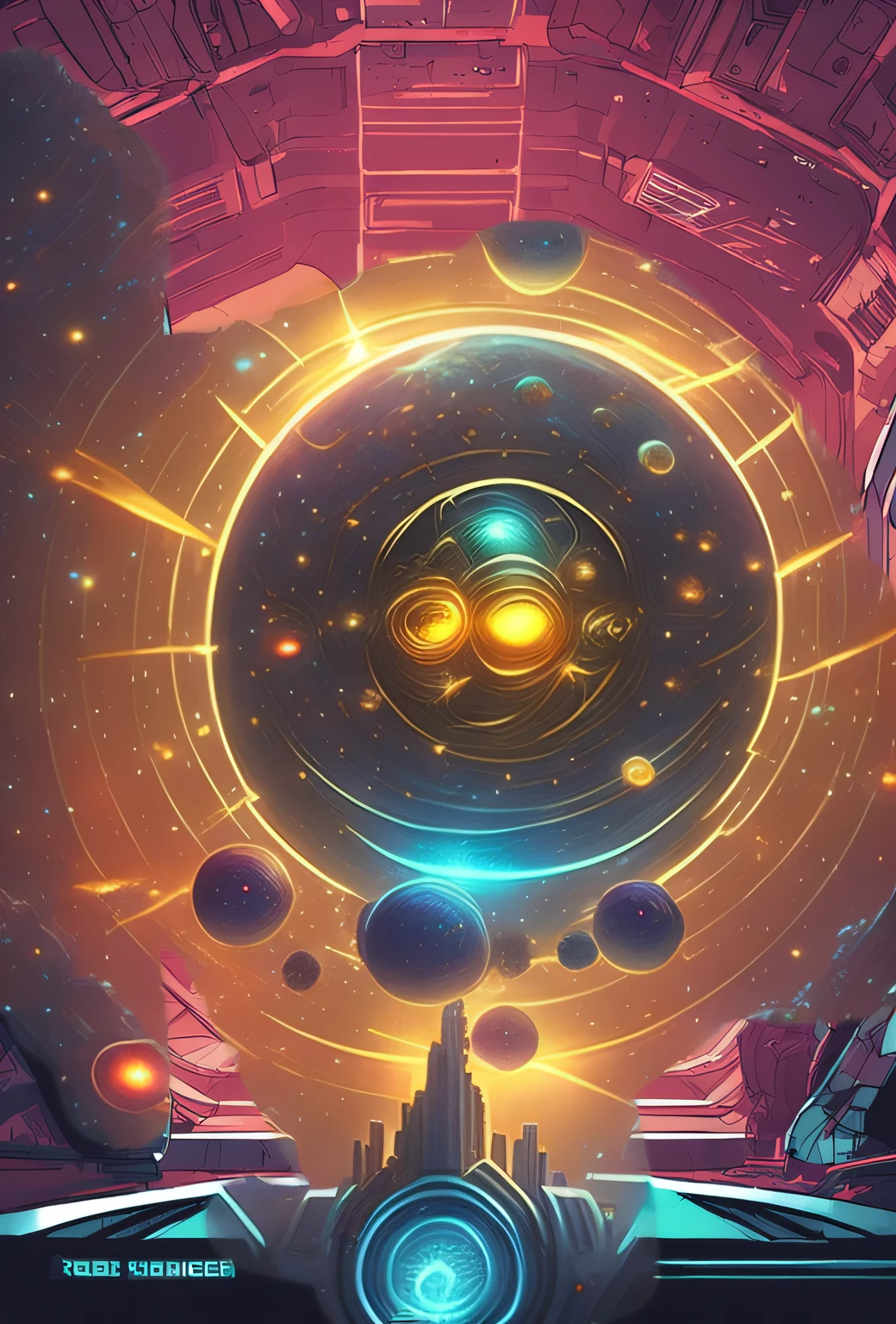 Craft a 64-bit galactic core, a glowing orb emitting rays of light in golds and yellows. Place a star-shaped badge at the center