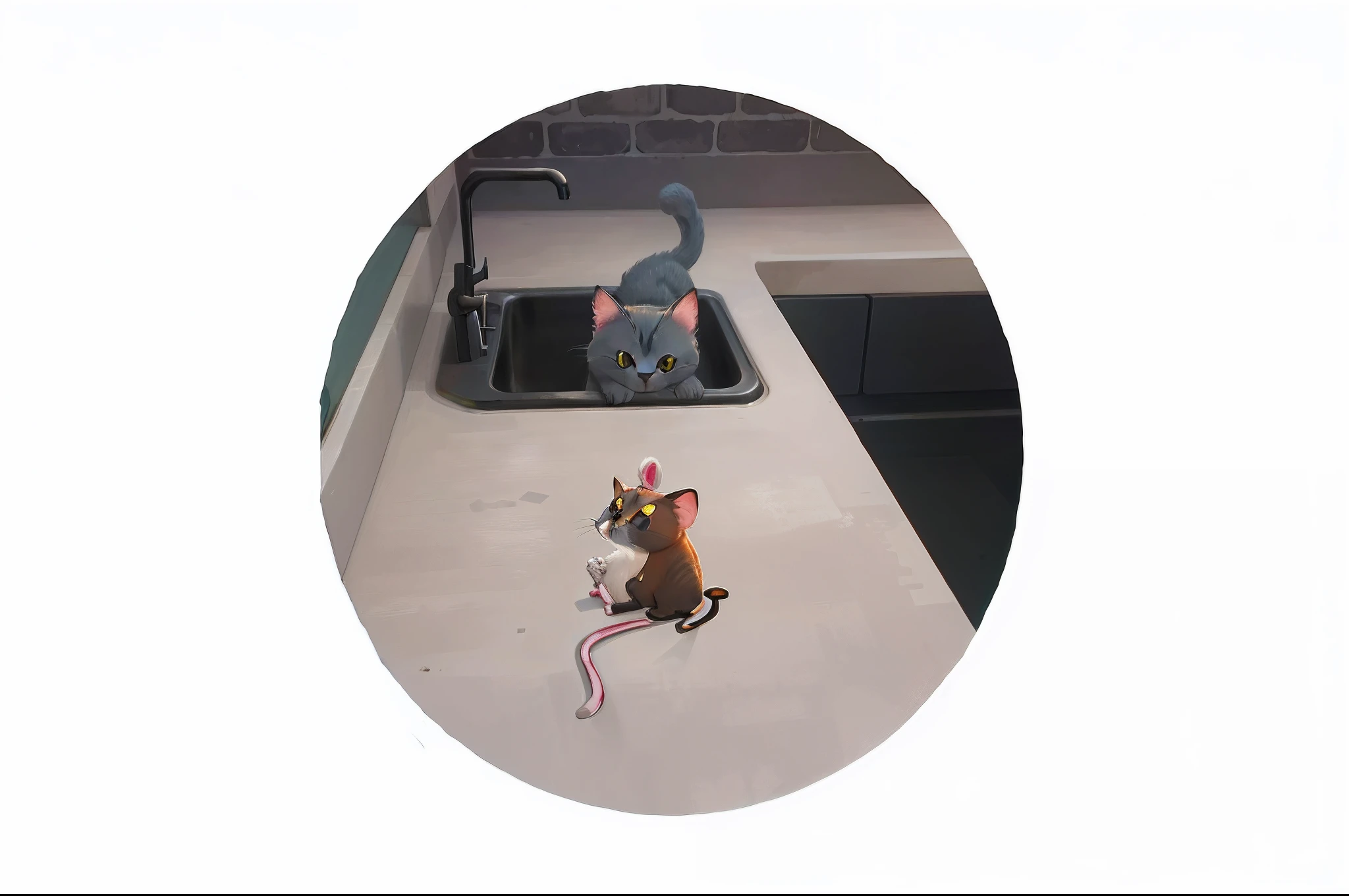 There's a cat sitting in a kitchen sink, observando um rato , Ratos!!, camundongo,