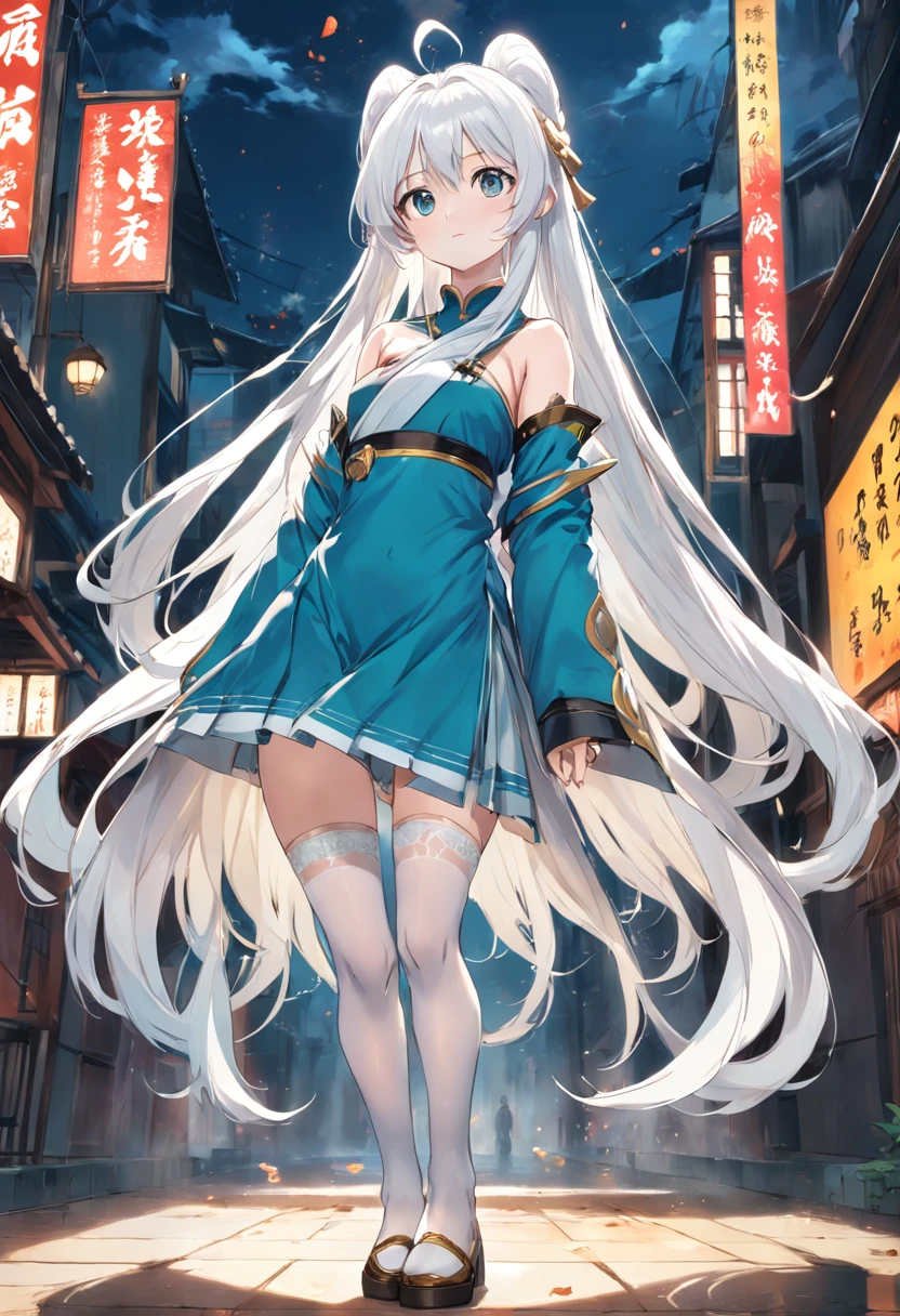 Golden eyes,Long white hair and white stockings,Anime girl in cyan and blue clothes, China-style,Tall and tall